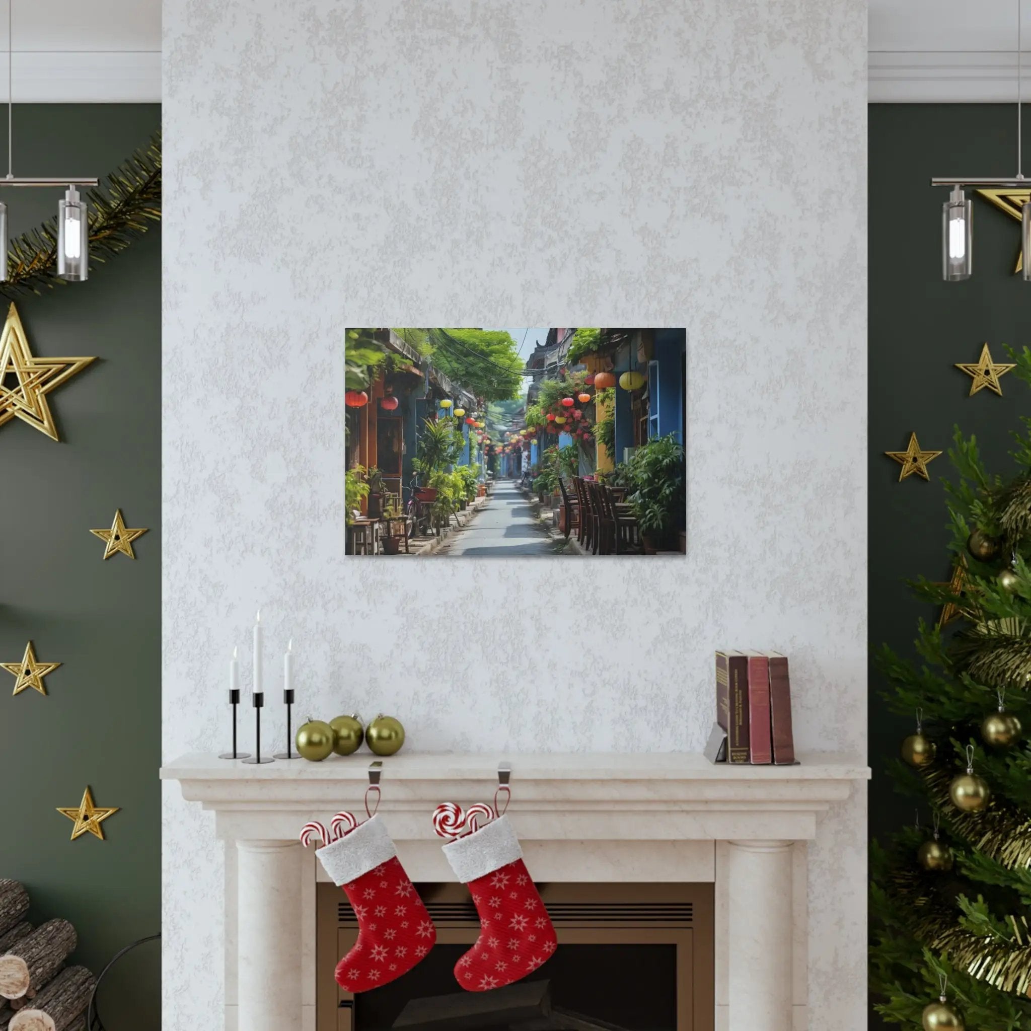 Canvas Gallery Wraps | a living room with a fire place and a Christmas tree