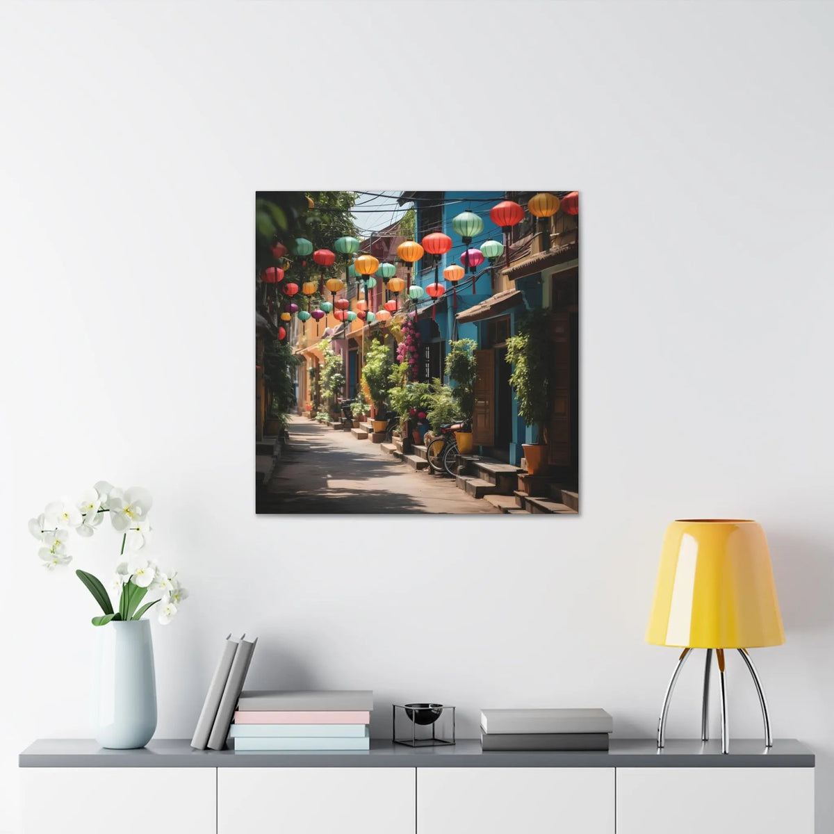 Canvas Gallery Wraps | a picture of a street with lanterns hanging from the ceiling