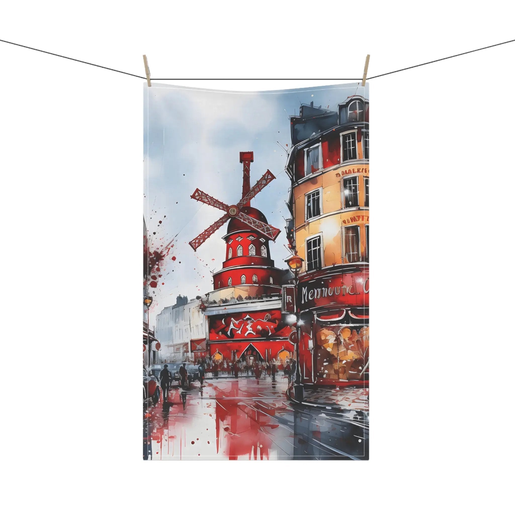 Kitchen Towel | a painting of a windmill on a city street