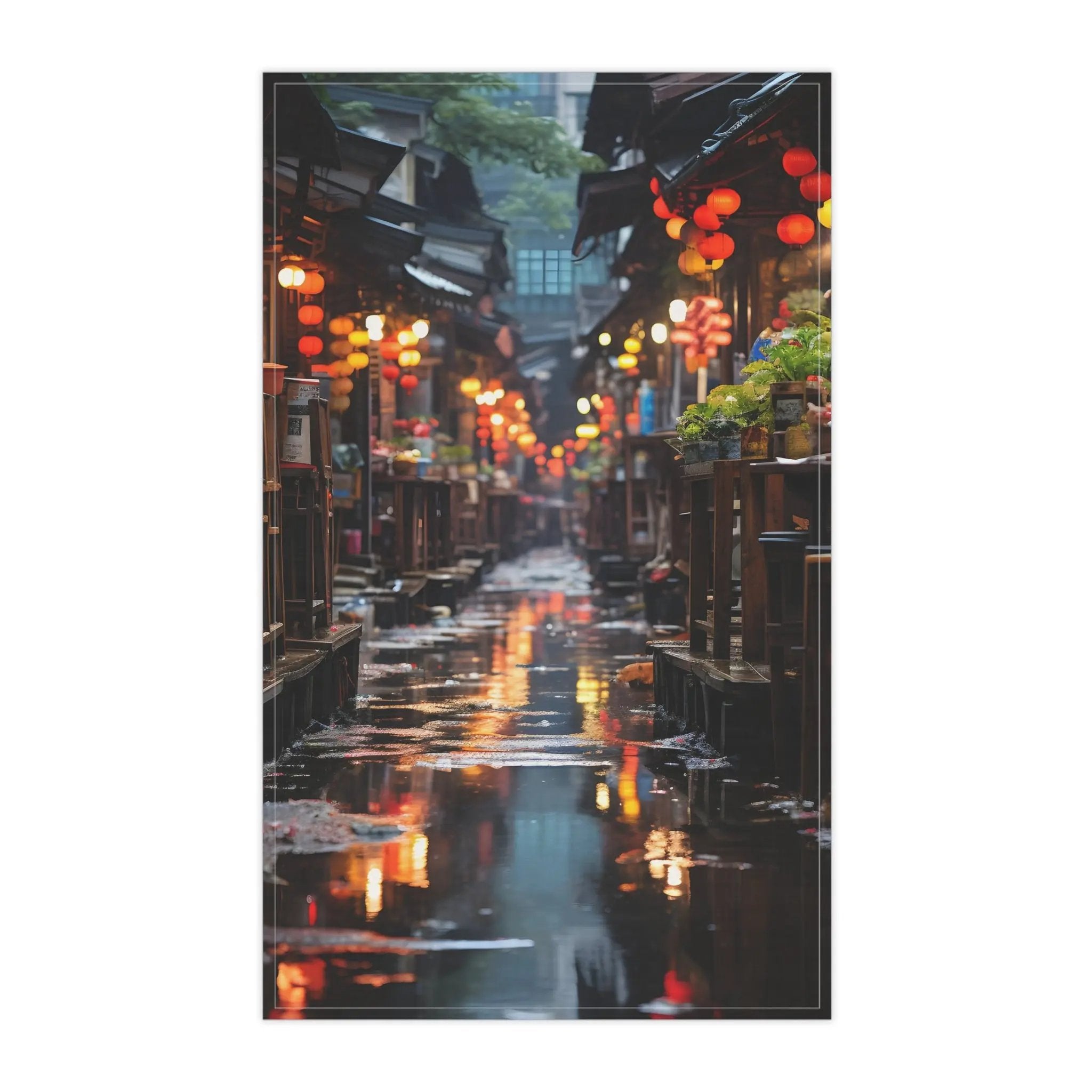 Kitchen Towel | a narrow street with lanterns hanging over it