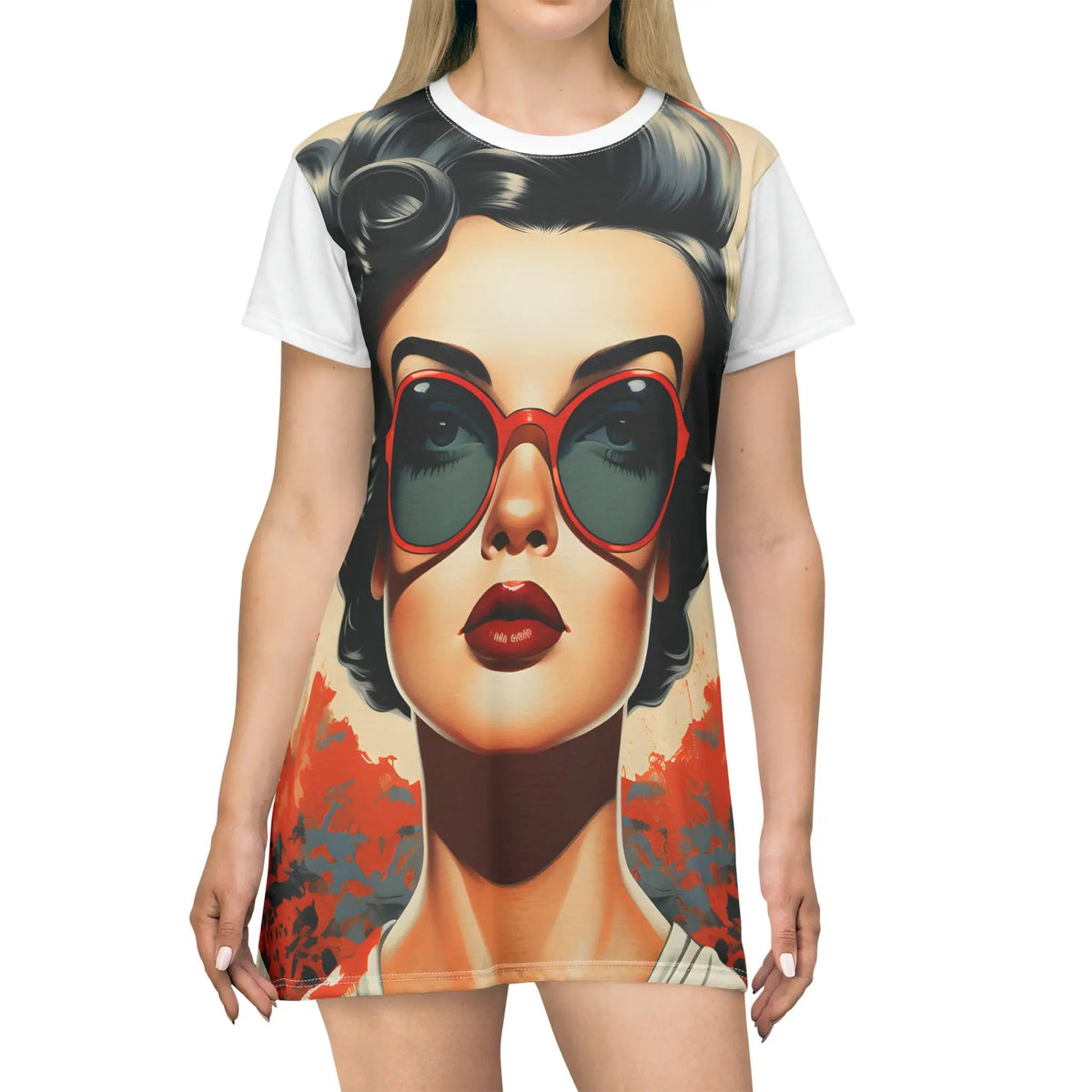 woman shirt dress | a women's t - shirt with a picture of a woman wearing sunglasses