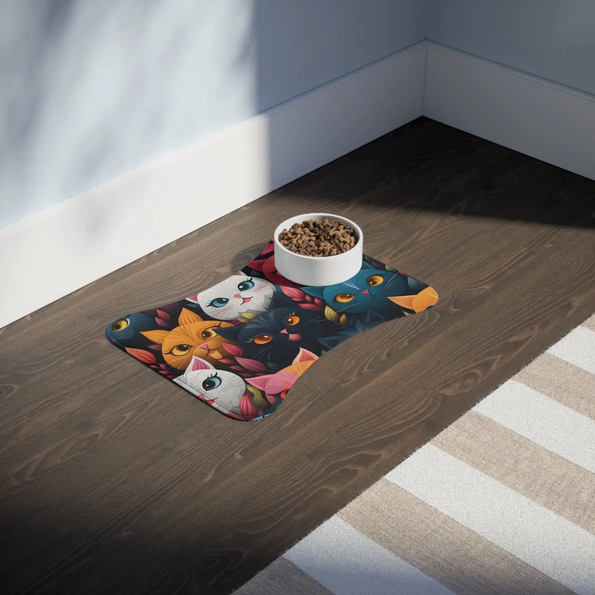 Pet Feeding Mats | a cat mat with a bowl of food on top of it