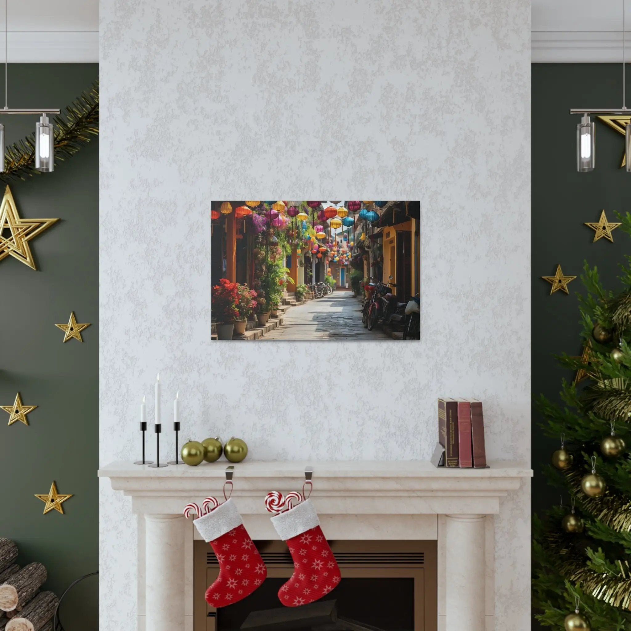 Canvas Gallery Wraps | a living room with a fire place and a Christmas tree