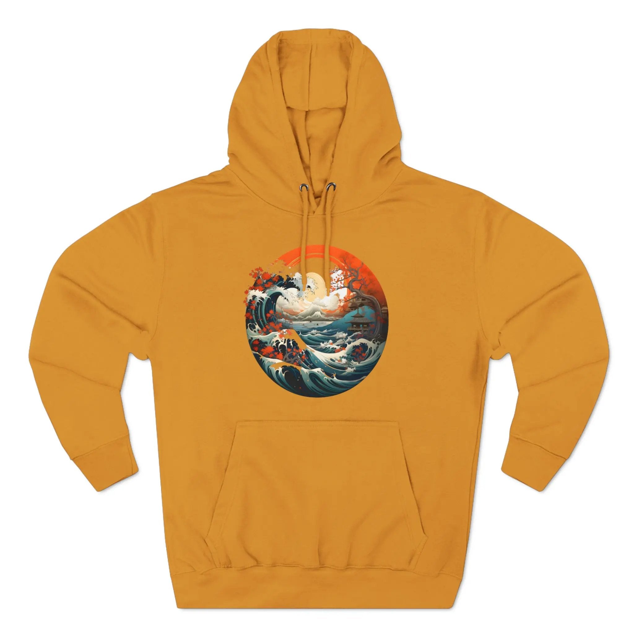 pullover hoodie | a yellow hoodie with an image of a wave in the ocean