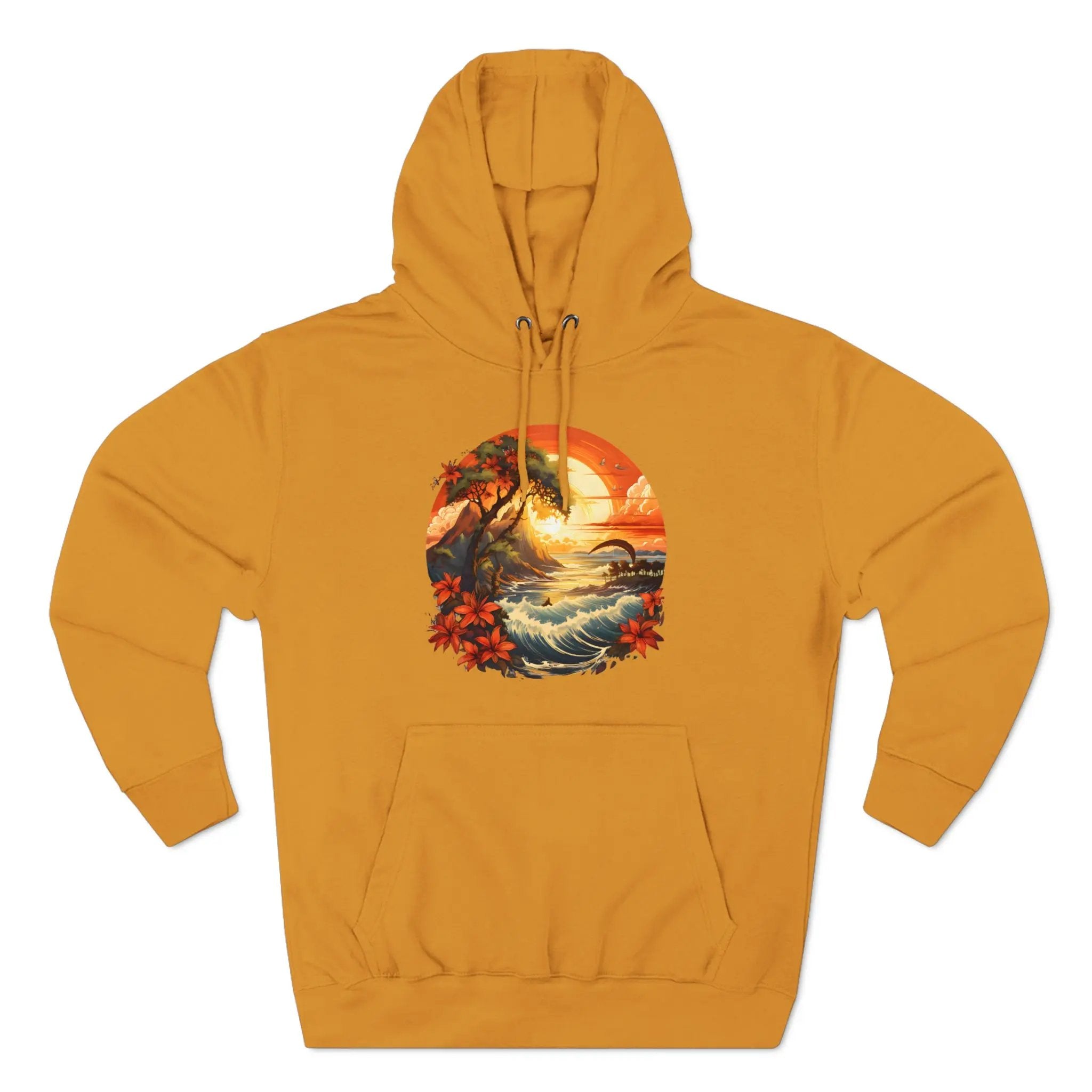 pullover hoodie | a yellow hoodie with a painting of a sunset