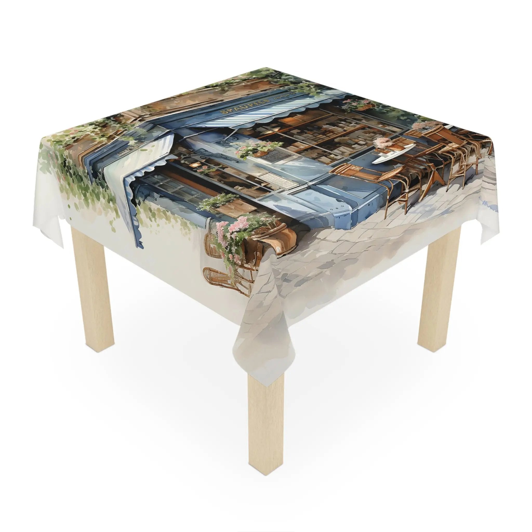 Square tablecloth | a table that has a painting on it