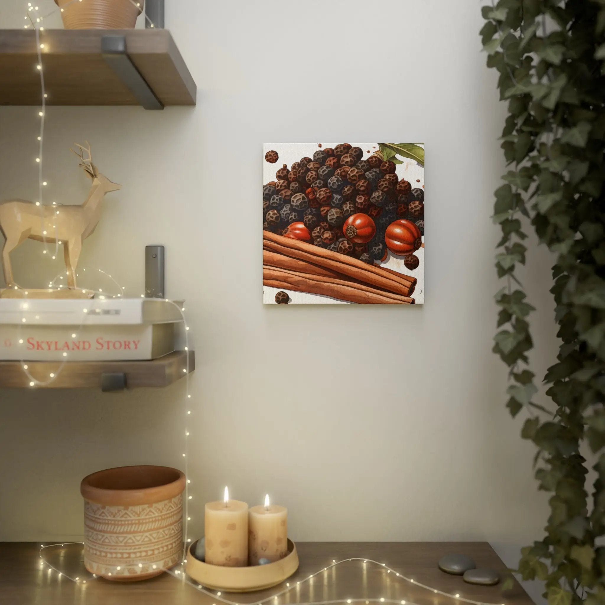 Canvas Gallery Wraps | a shelf with candles, a deer figurine and a painting on it