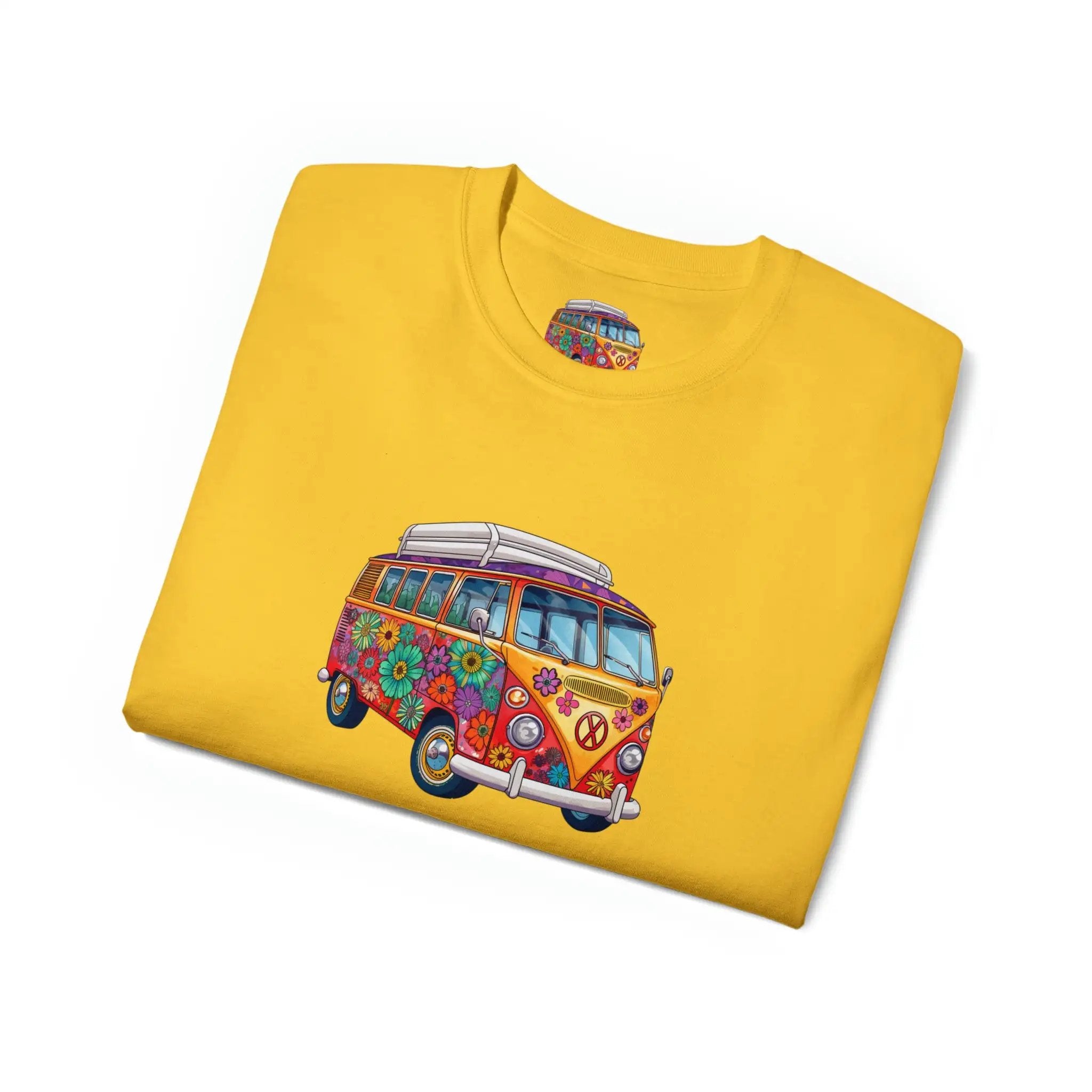 men tee graphic | a yellow t - shirt with a van bus painted on it