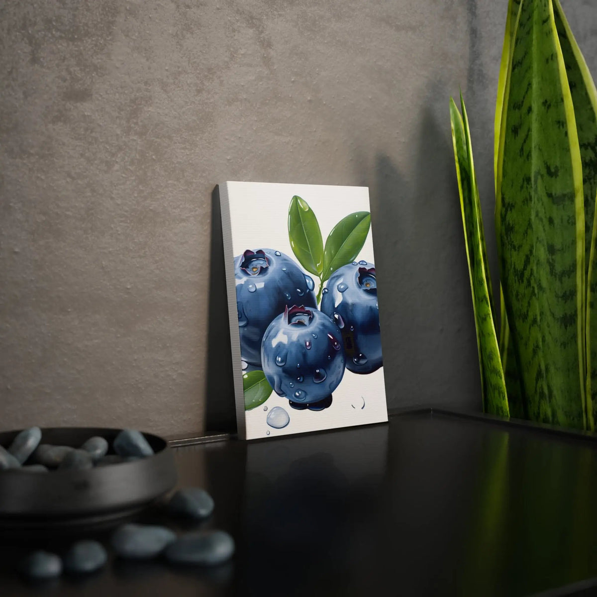 Canvas Gallery Wraps | a painting of blueberries on a table next to a potted plant