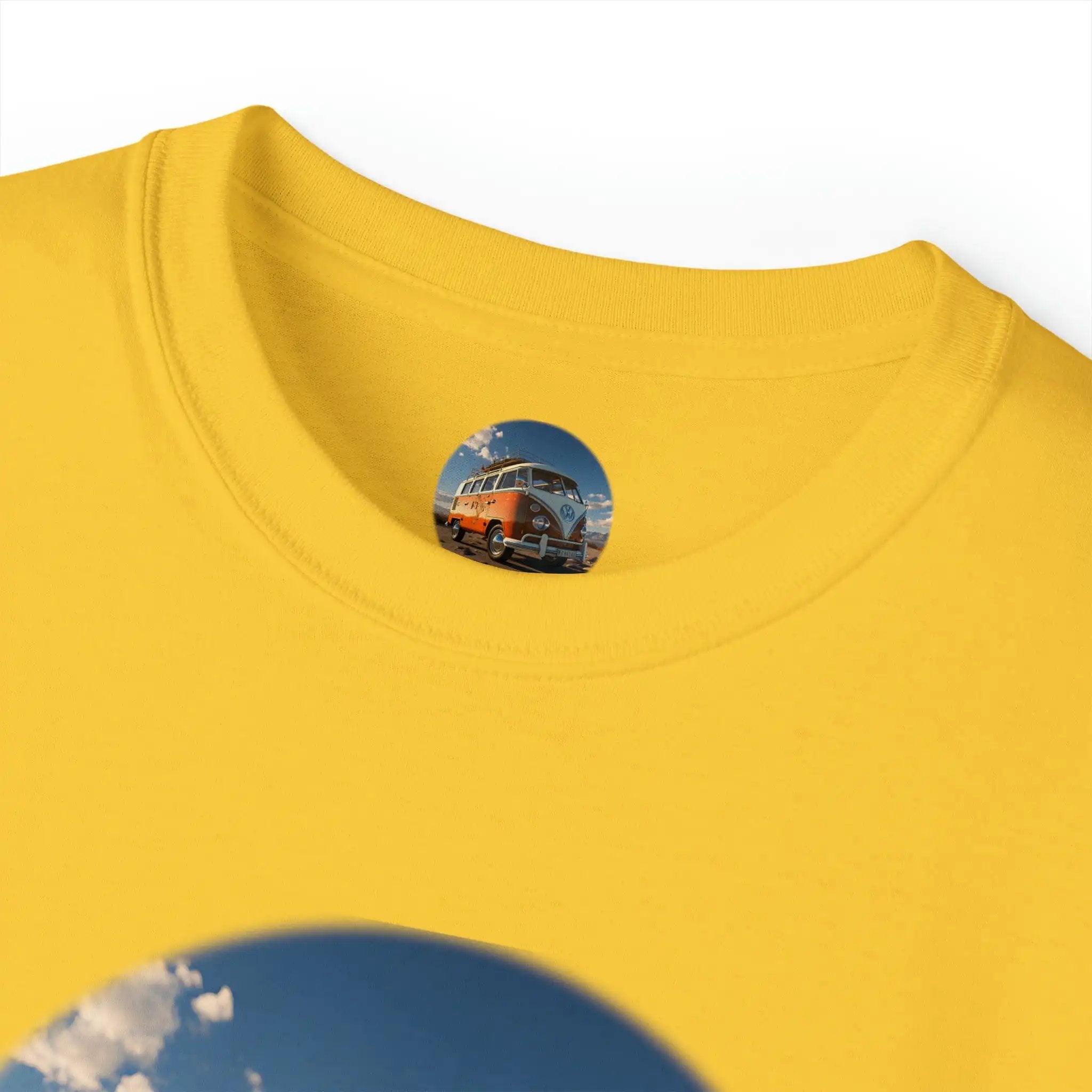 men tee graphic | a yellow shirt with a picture of a bus on it