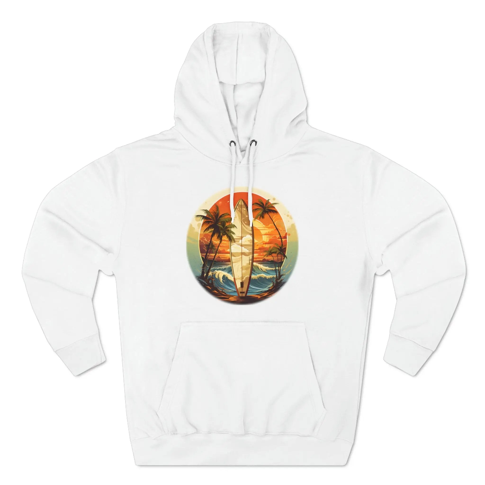 pullover hoodie | a white hoodie with a picture of a beach scene