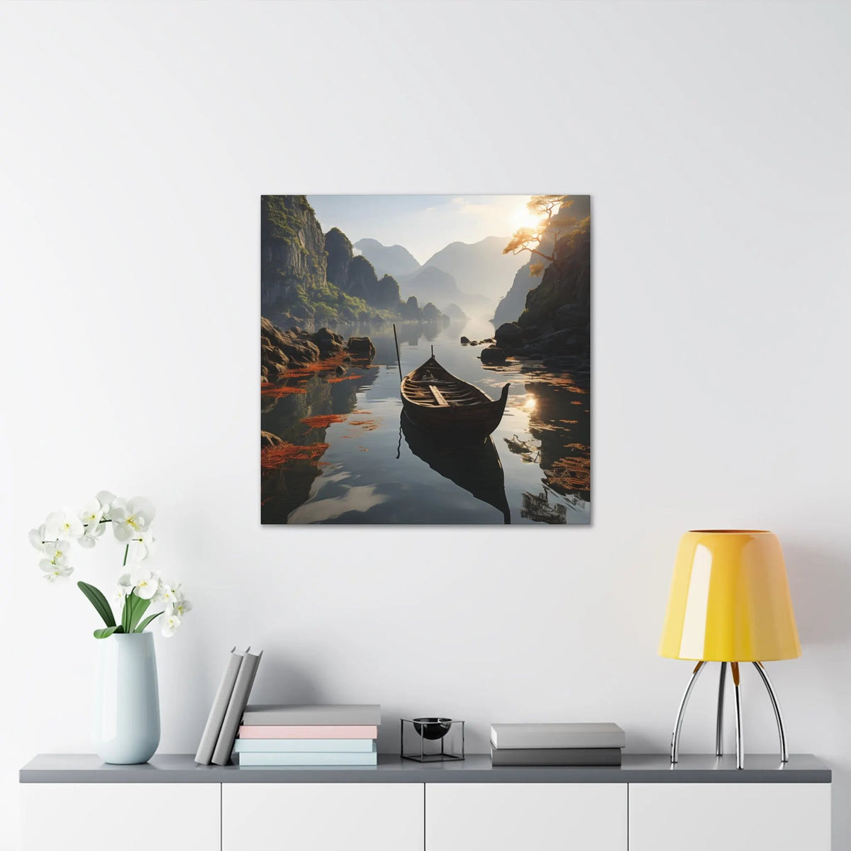 Canvas Gallery Wraps | a painting of a boat floating on a lake