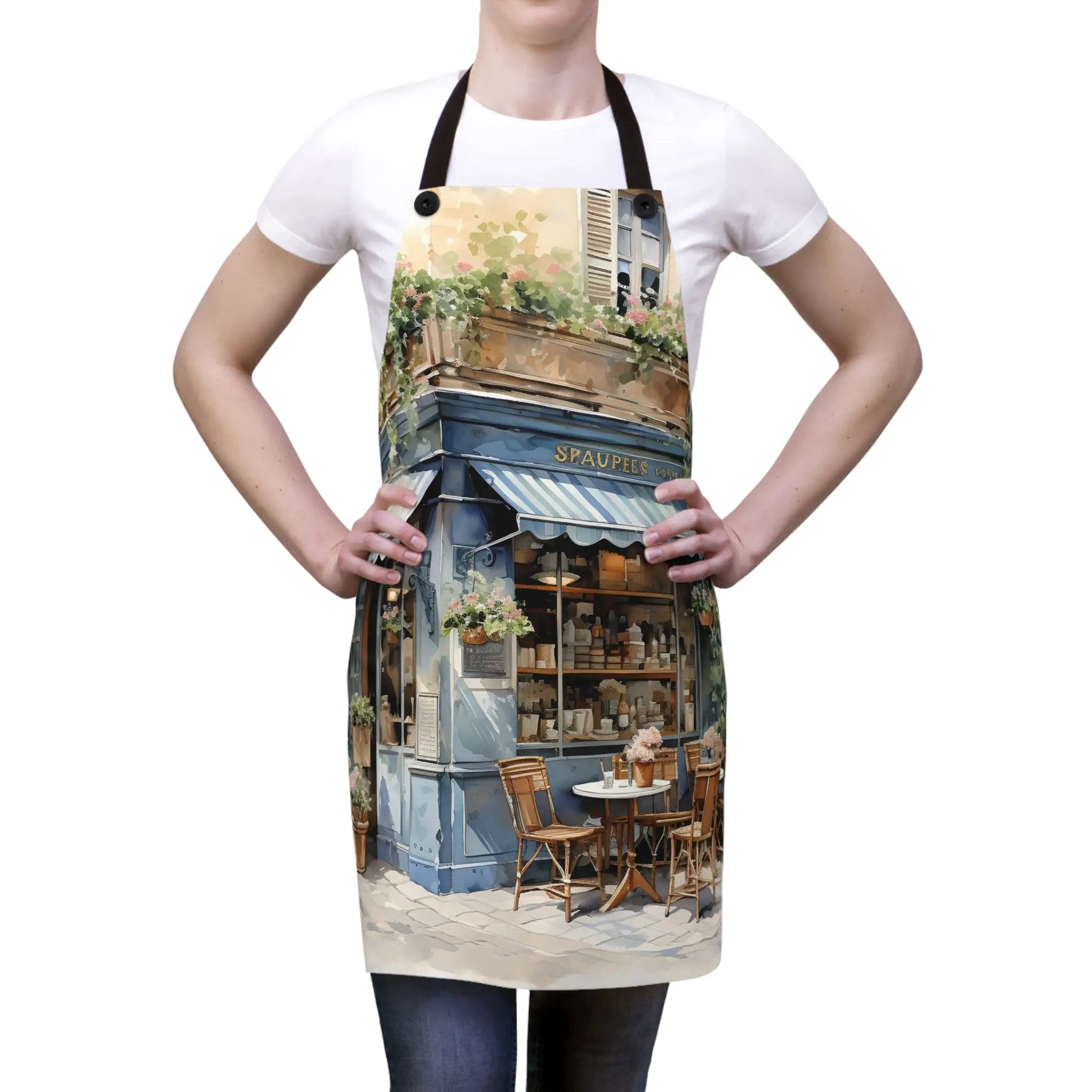 Chef Apron | a woman wearing an apron with a picture of a cafe