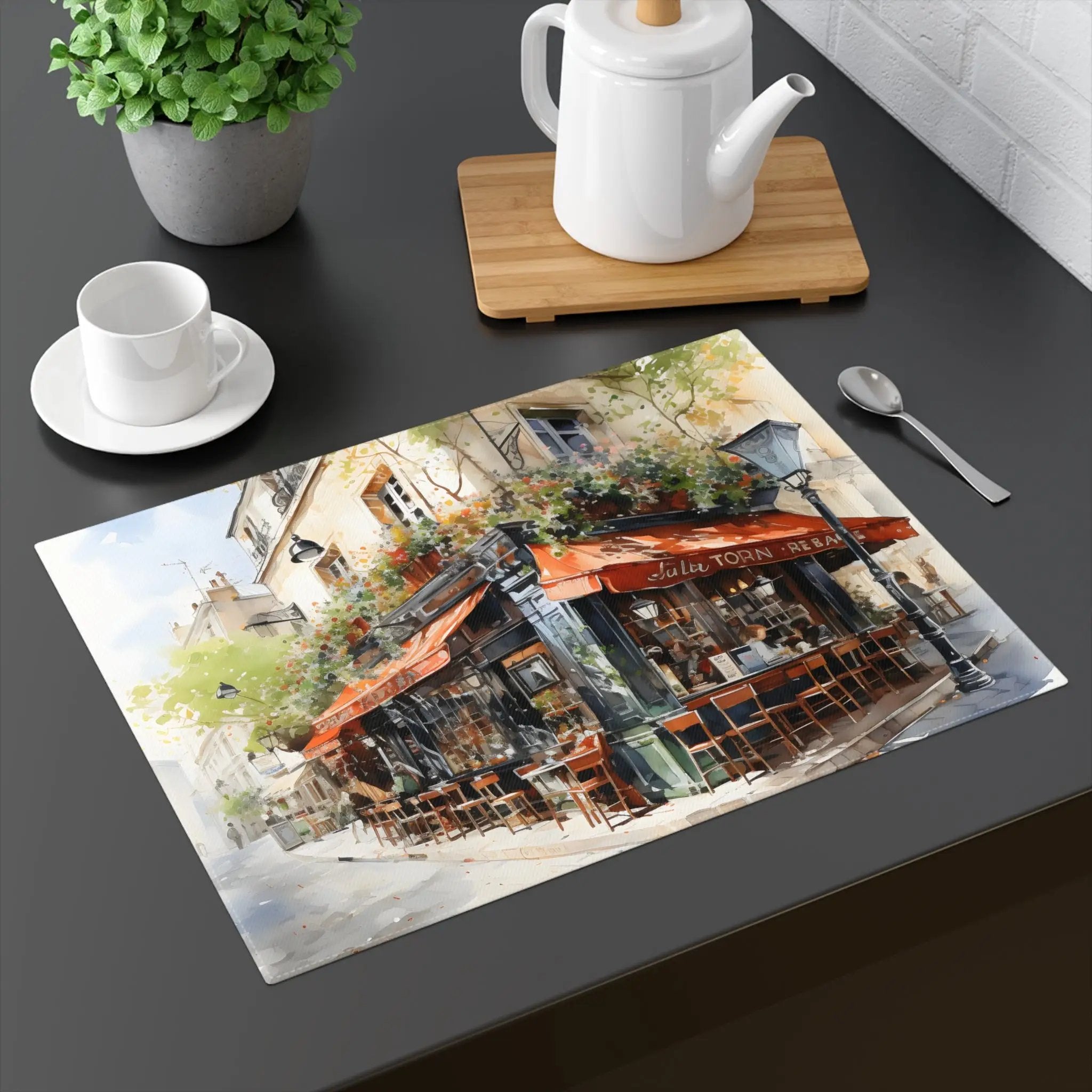 Placemat | a painting of a coffee shop on a table