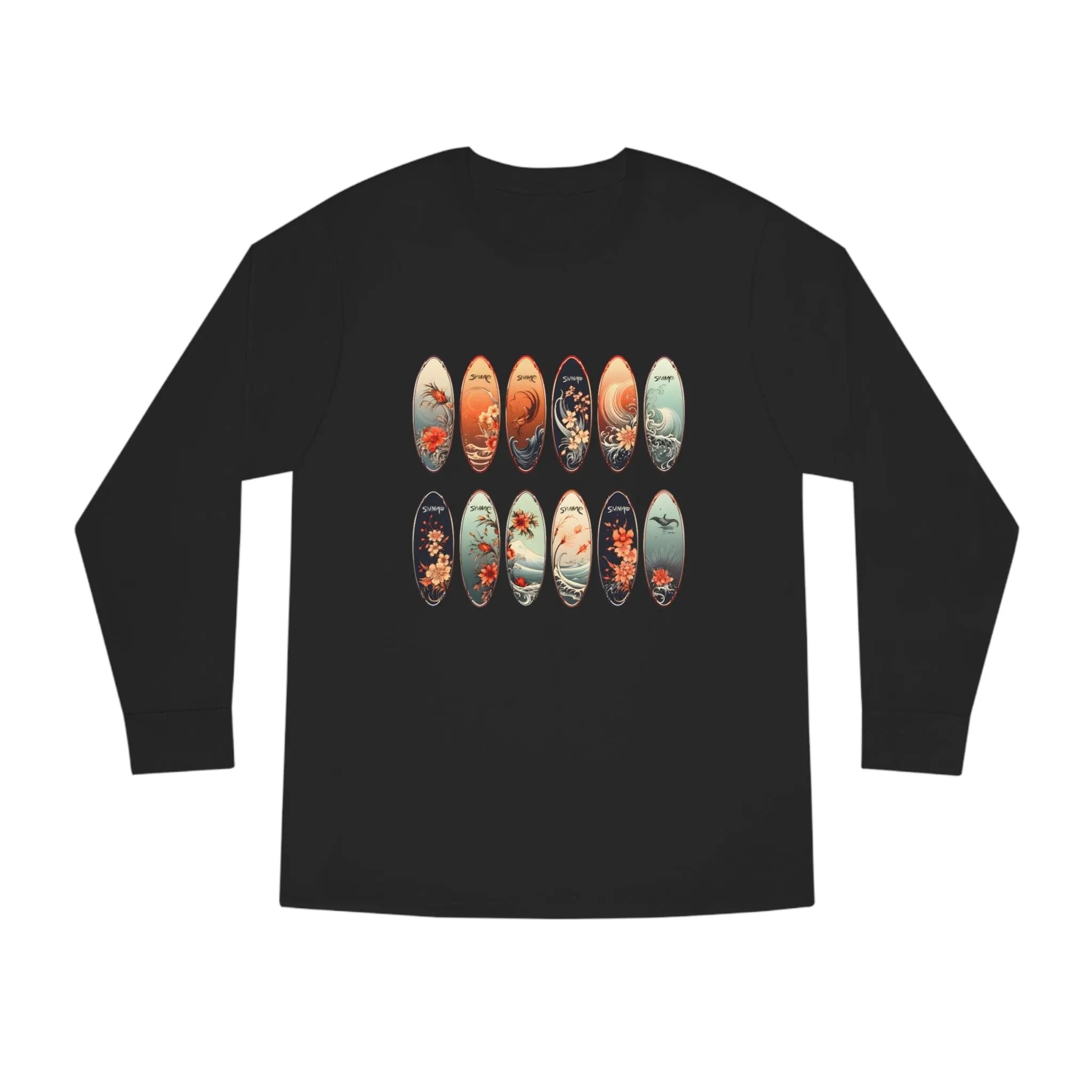 Long Sleeve t shirt | a black shirt with a bunch of skateboards on it