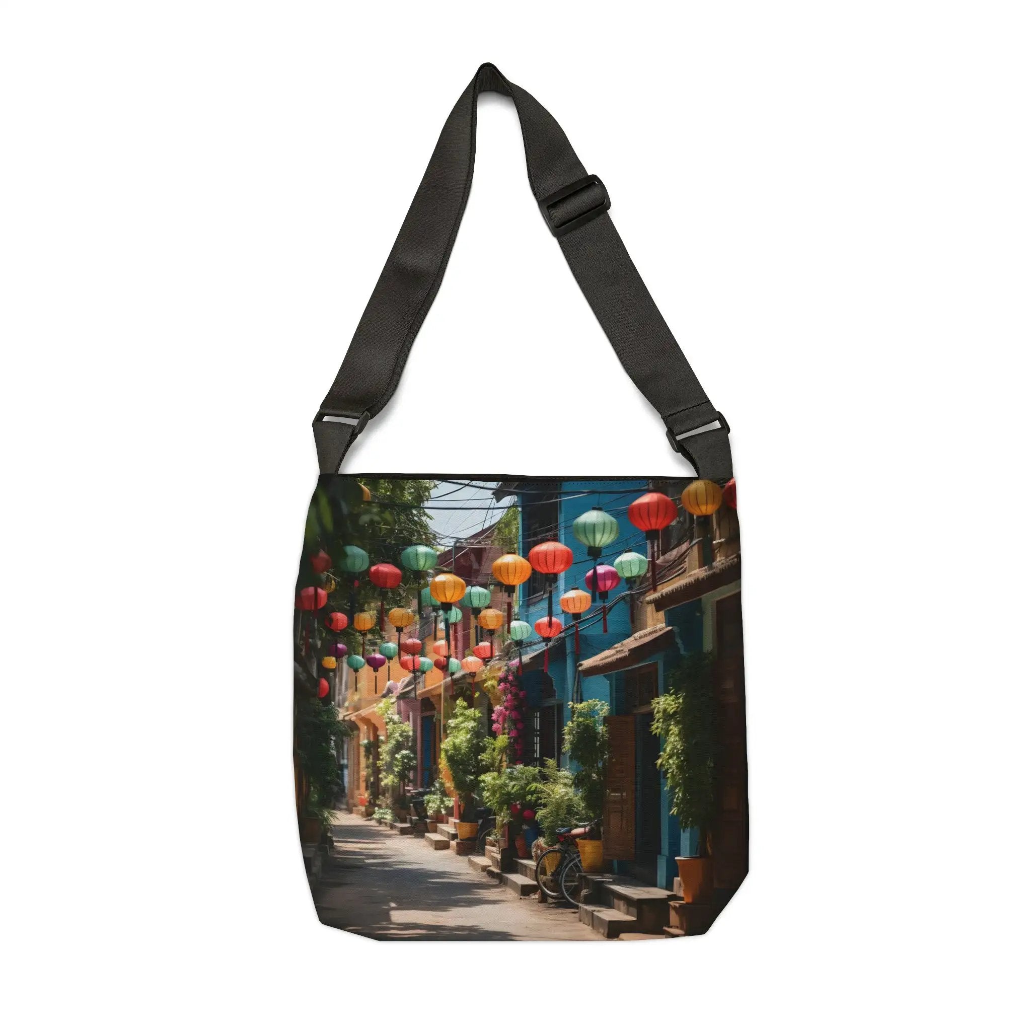 Weekender tote bag | a bag with a picture of a street with lanterns hanging from it