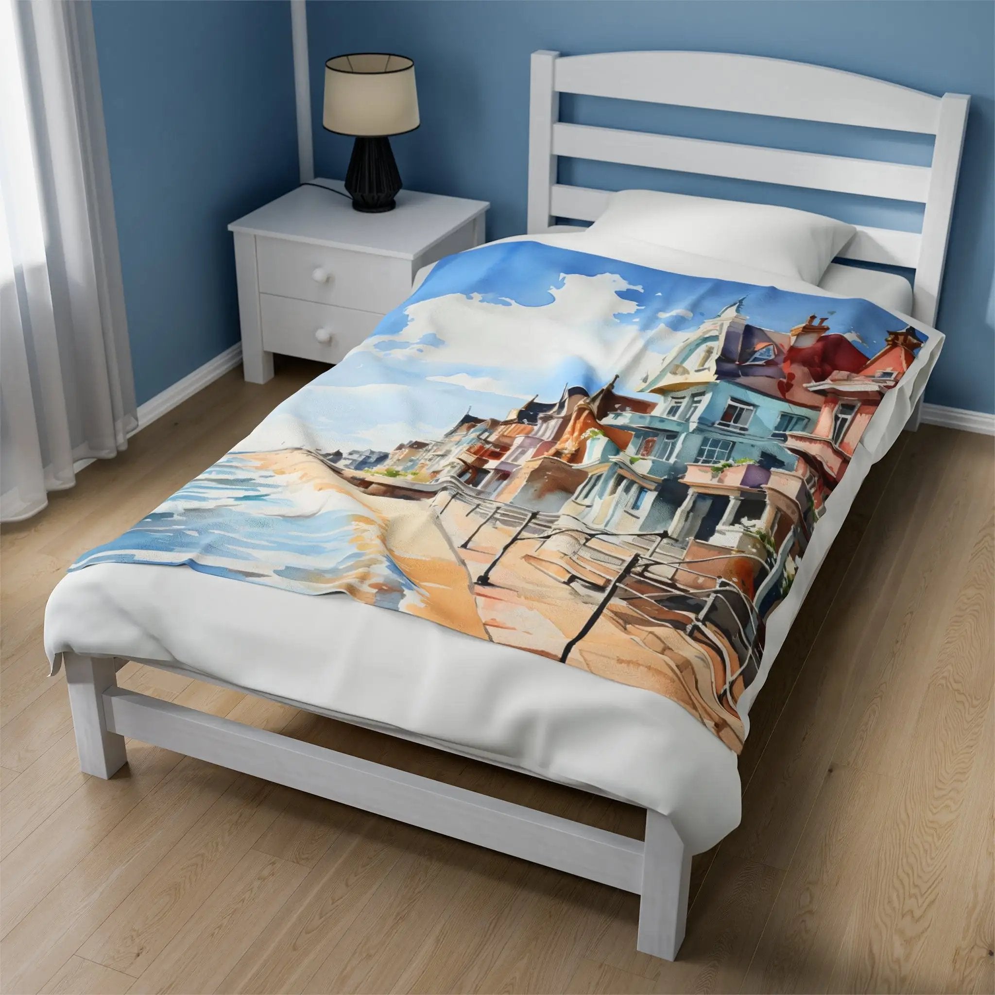 bedroom Blanket | a bed with a painting on it in a room