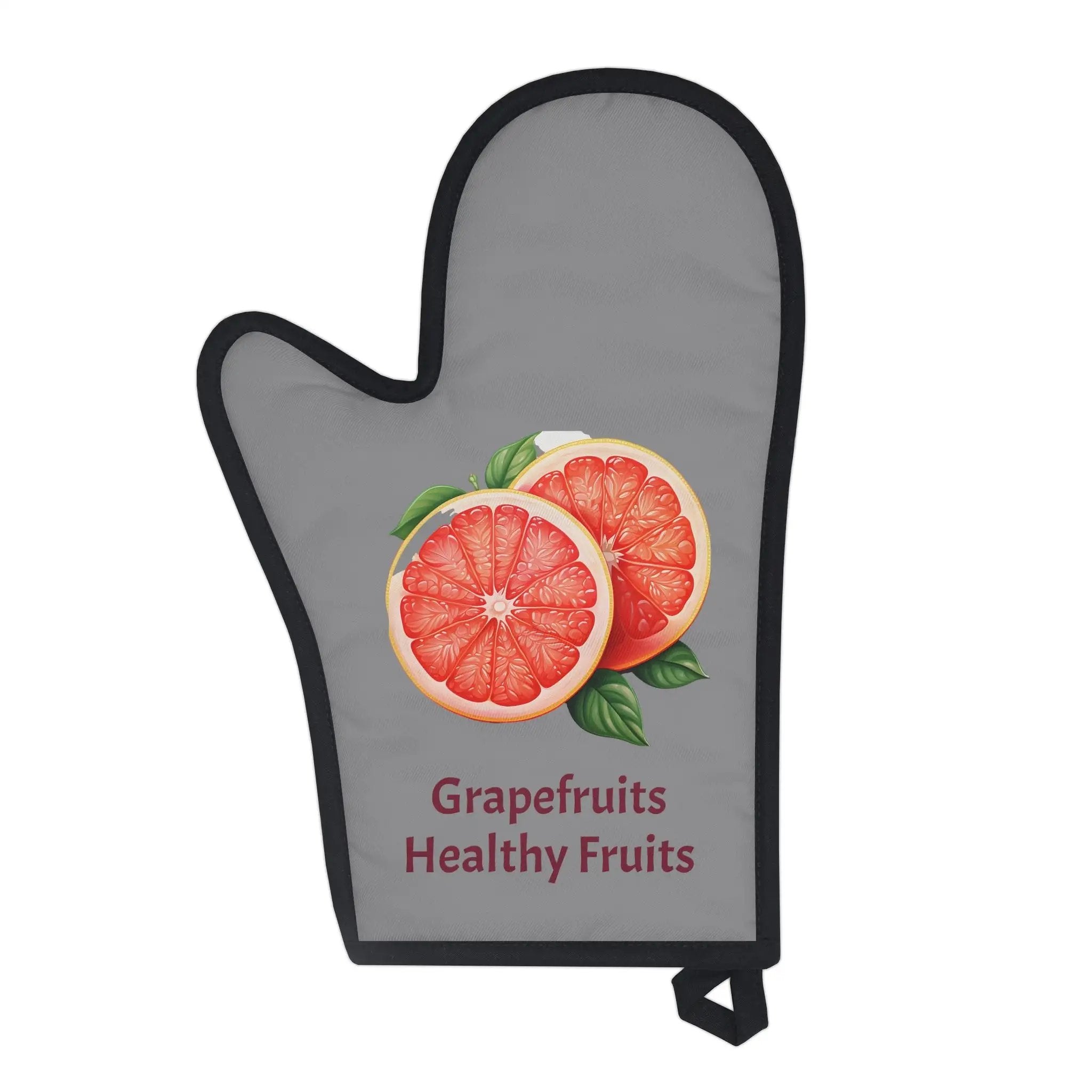 oven mitt | a gray oven mitt with grapefruits on it