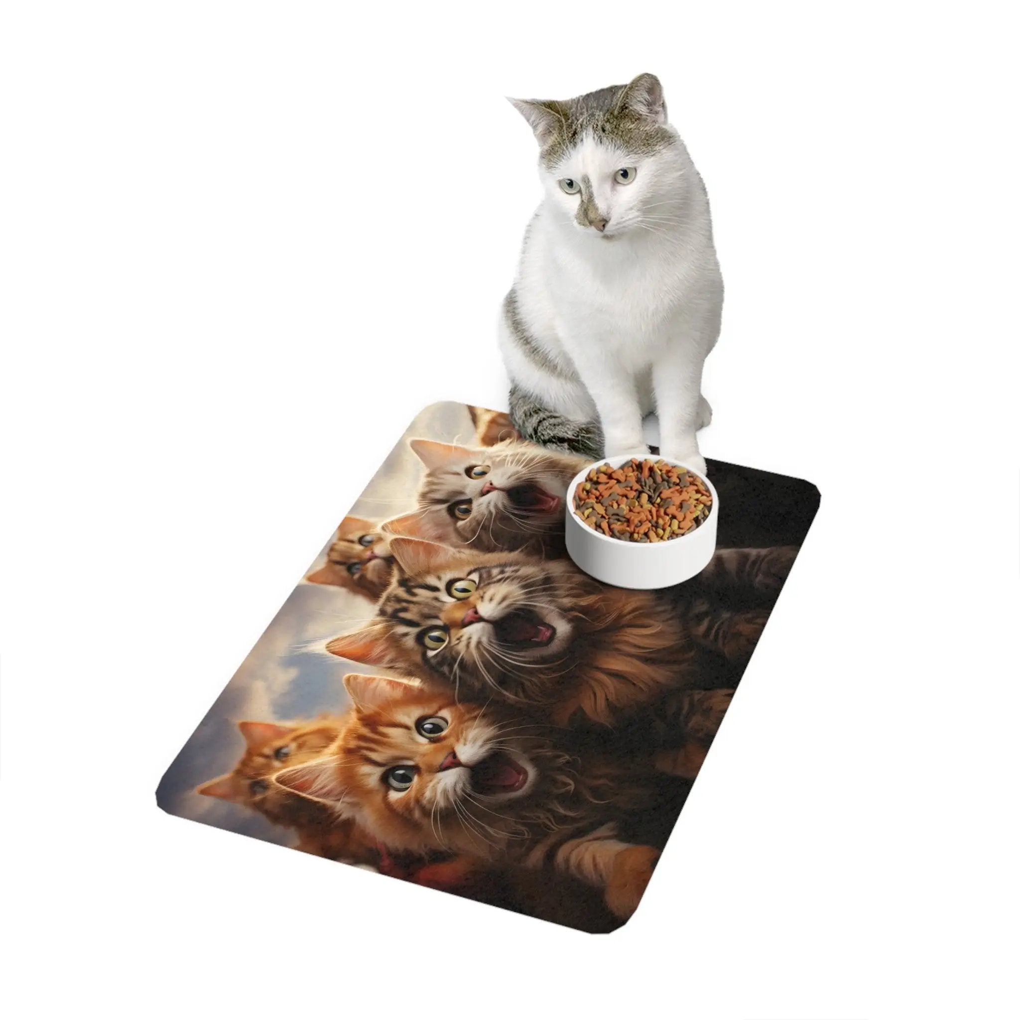 Pet Food Mat | a cat sitting on top of a mat with a bowl of food