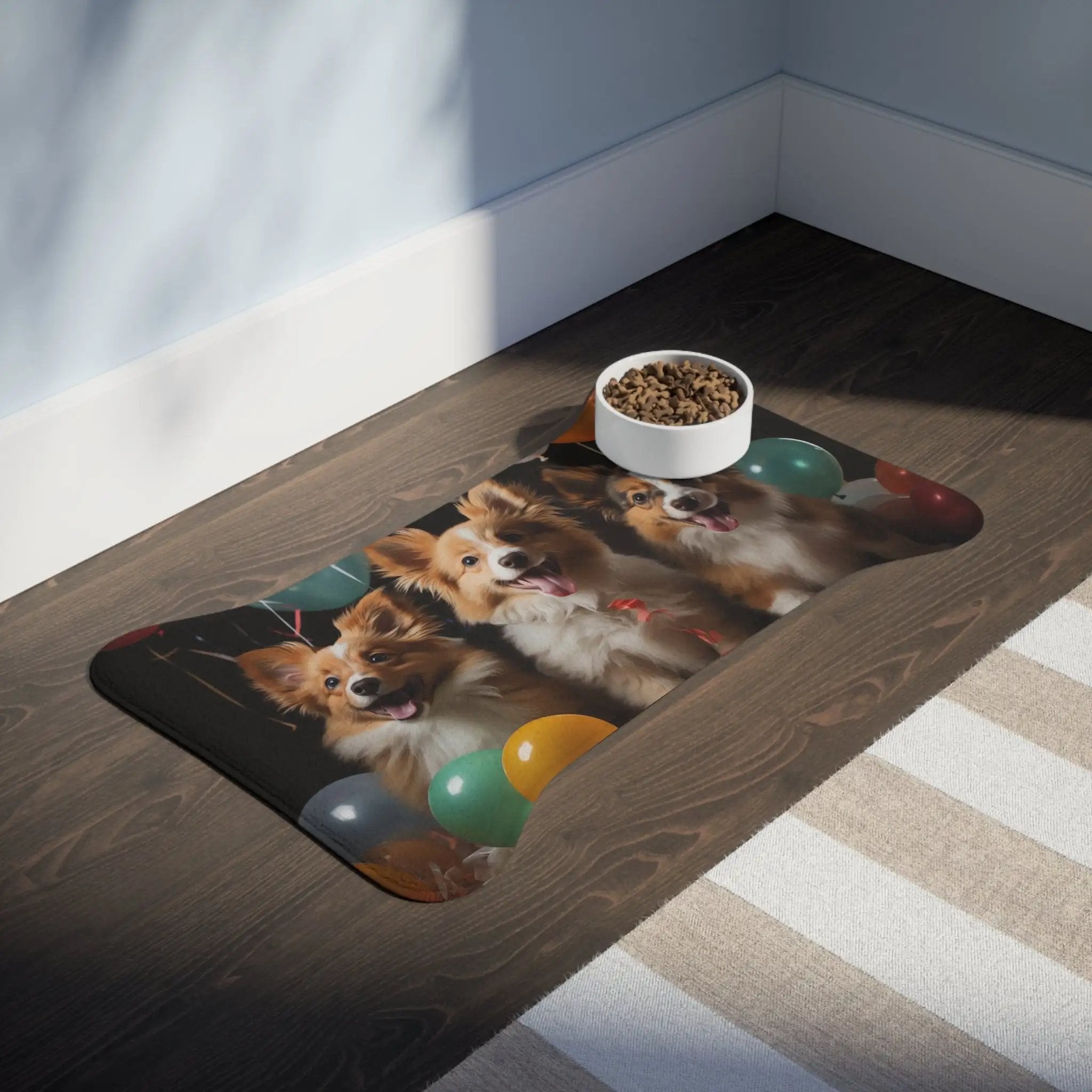 Pet Feeding Mats | a floor mat with a bowl of food and two dogs on it