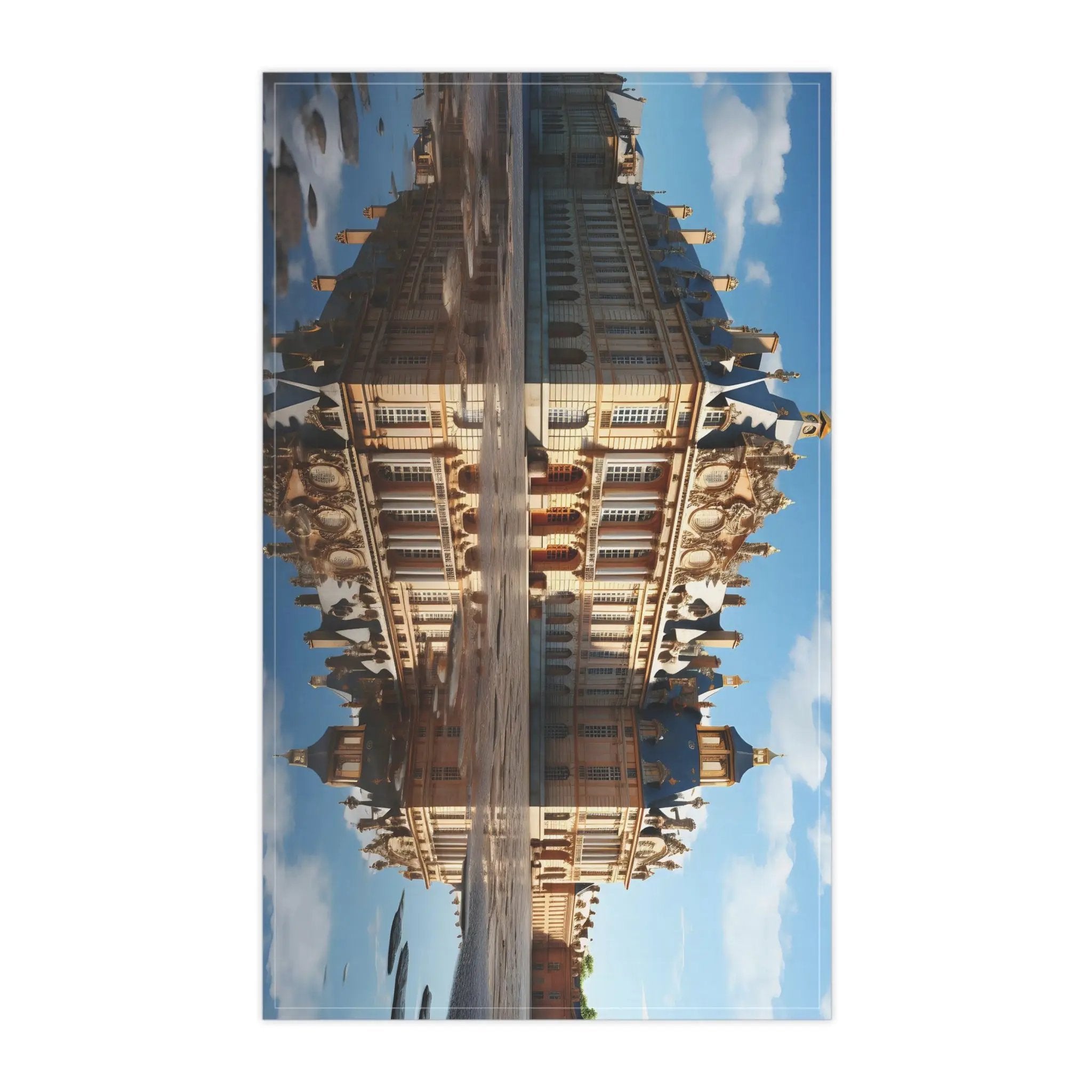 Kitchen Towel | a reflection of a clock tower in a puddle of water