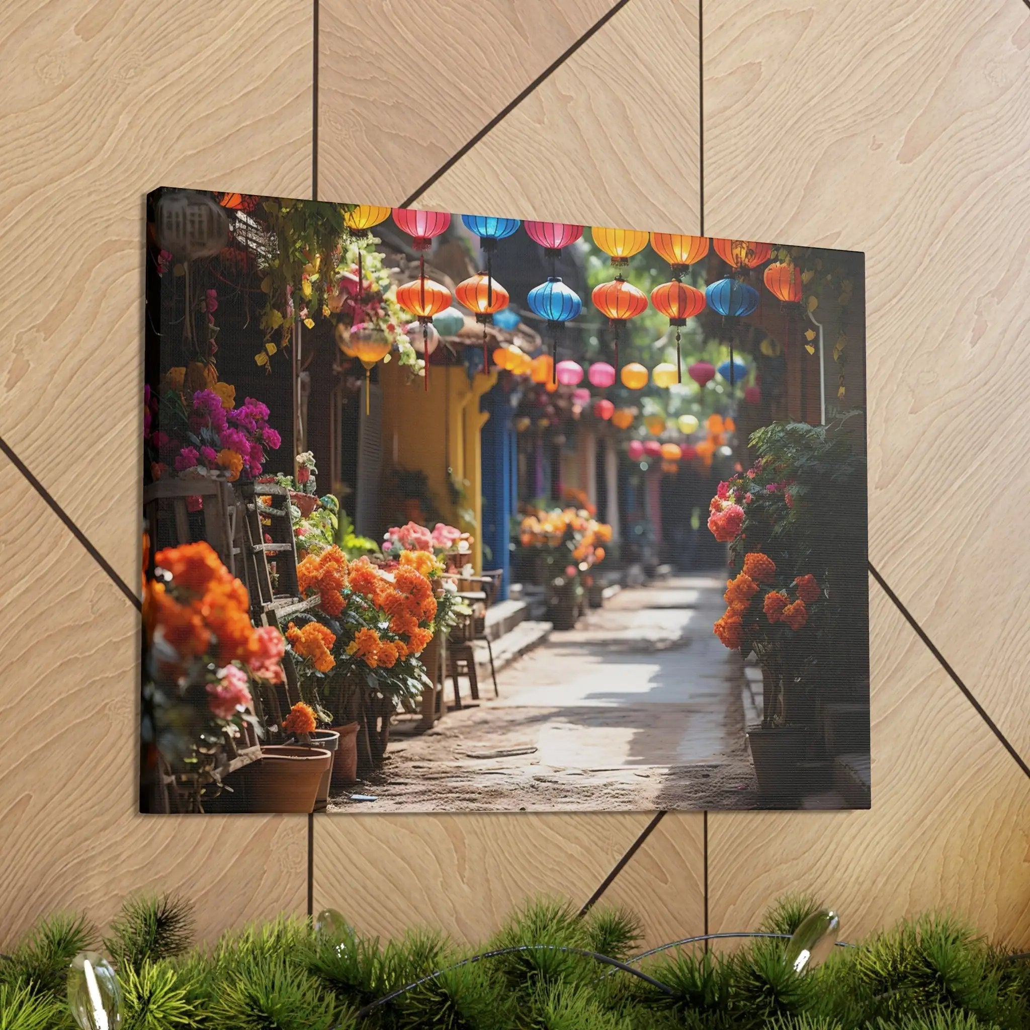 Canvas Gallery Wraps | a picture of a street with flowers and umbrellas