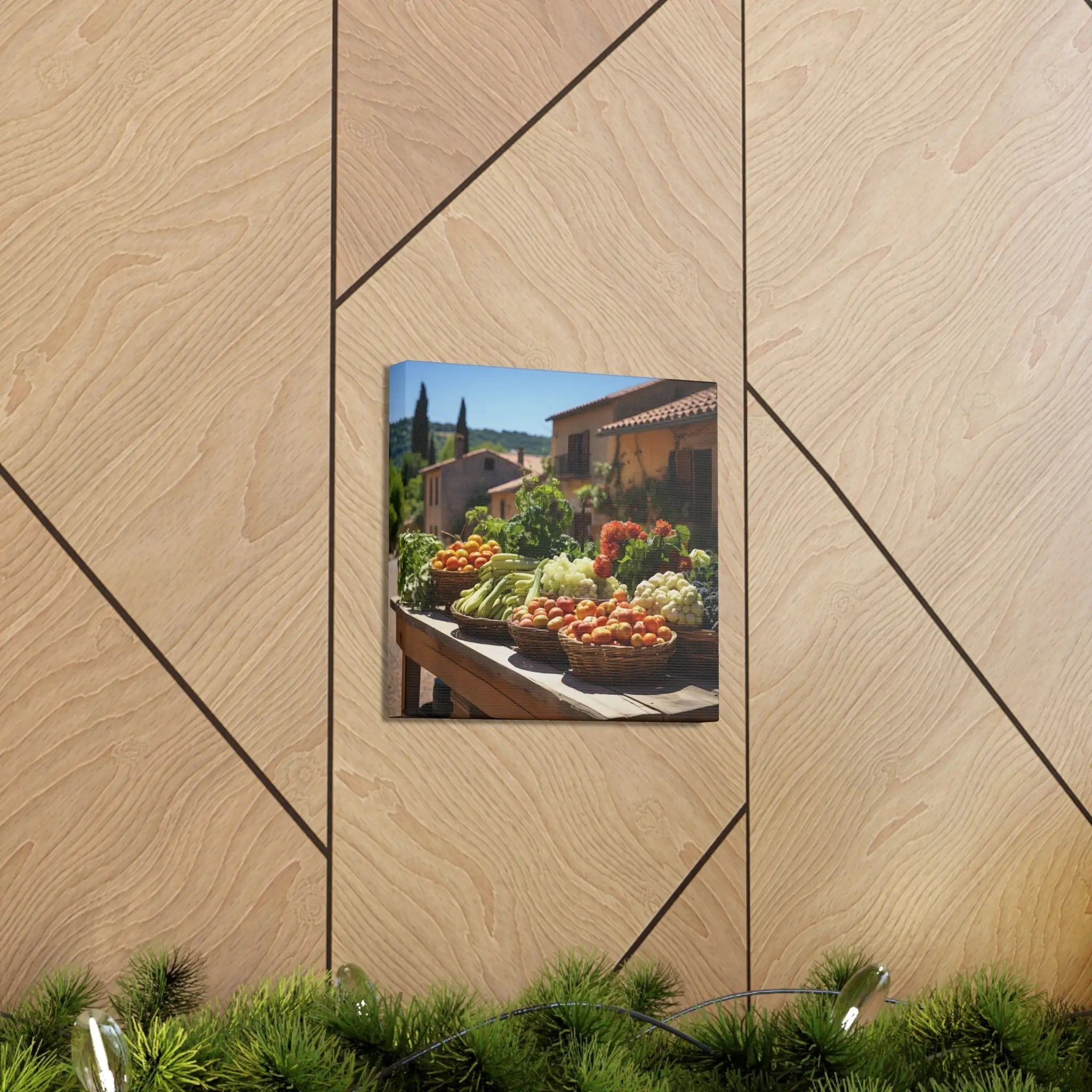 Canvas Gallery Wraps | a wooden wall with a picture of a vegetable stand