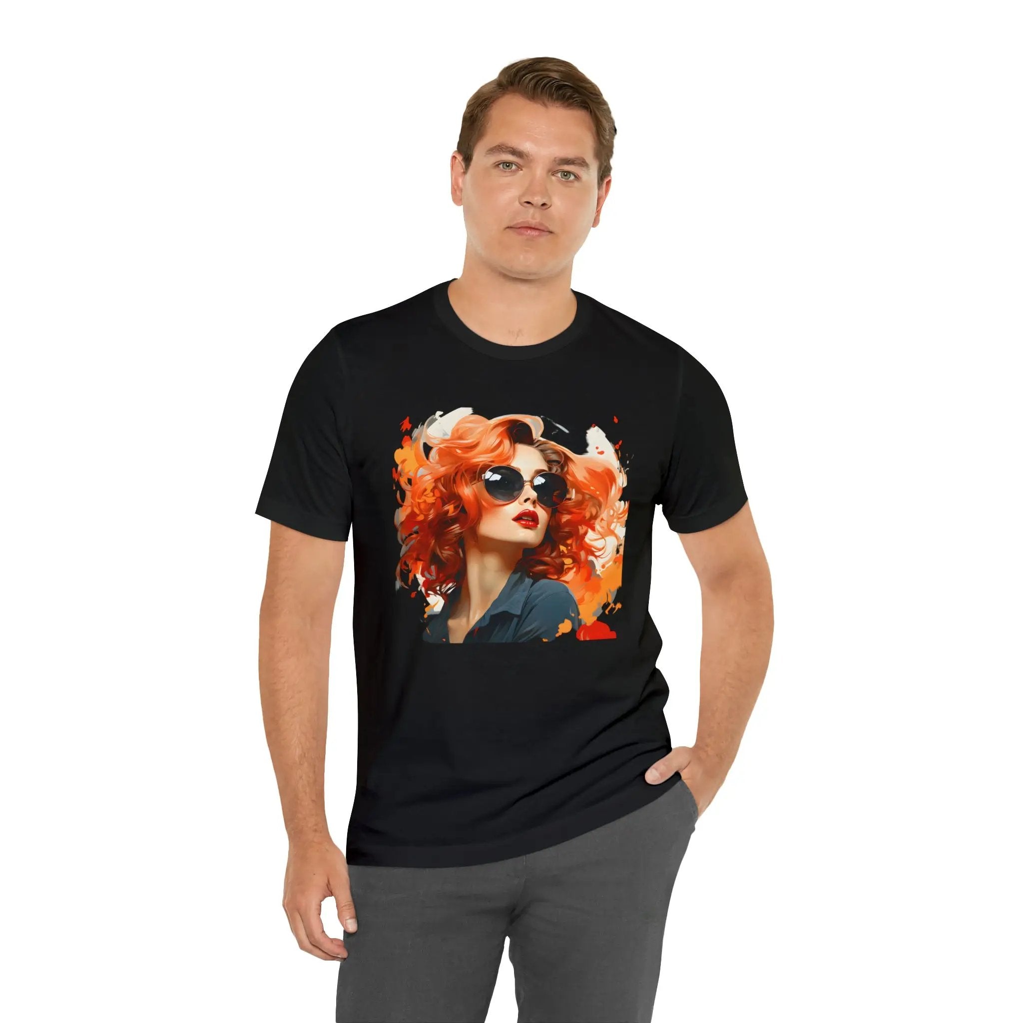 Couple t shirt | a man wearing a black t - shirt with a picture of a woman on it