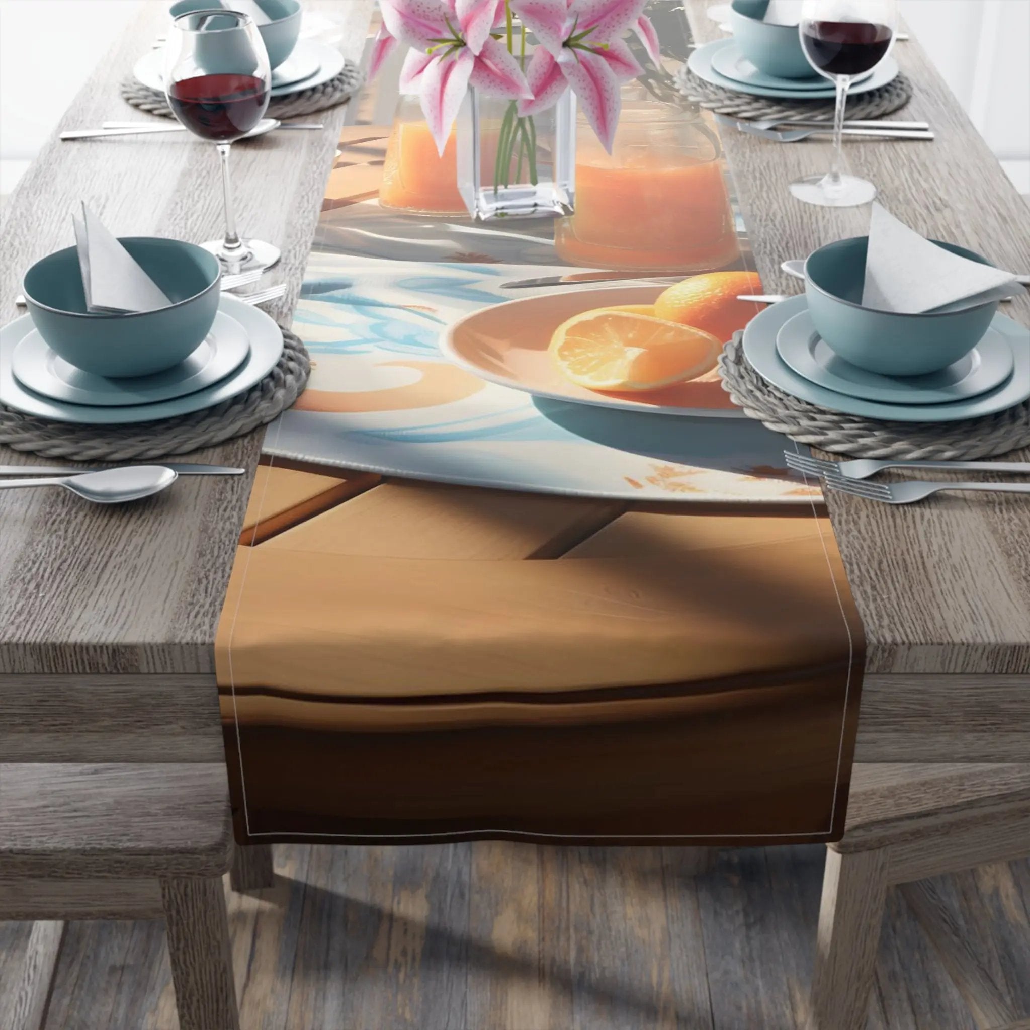 dining table Runner | a table with a vase of flowers and plates on it