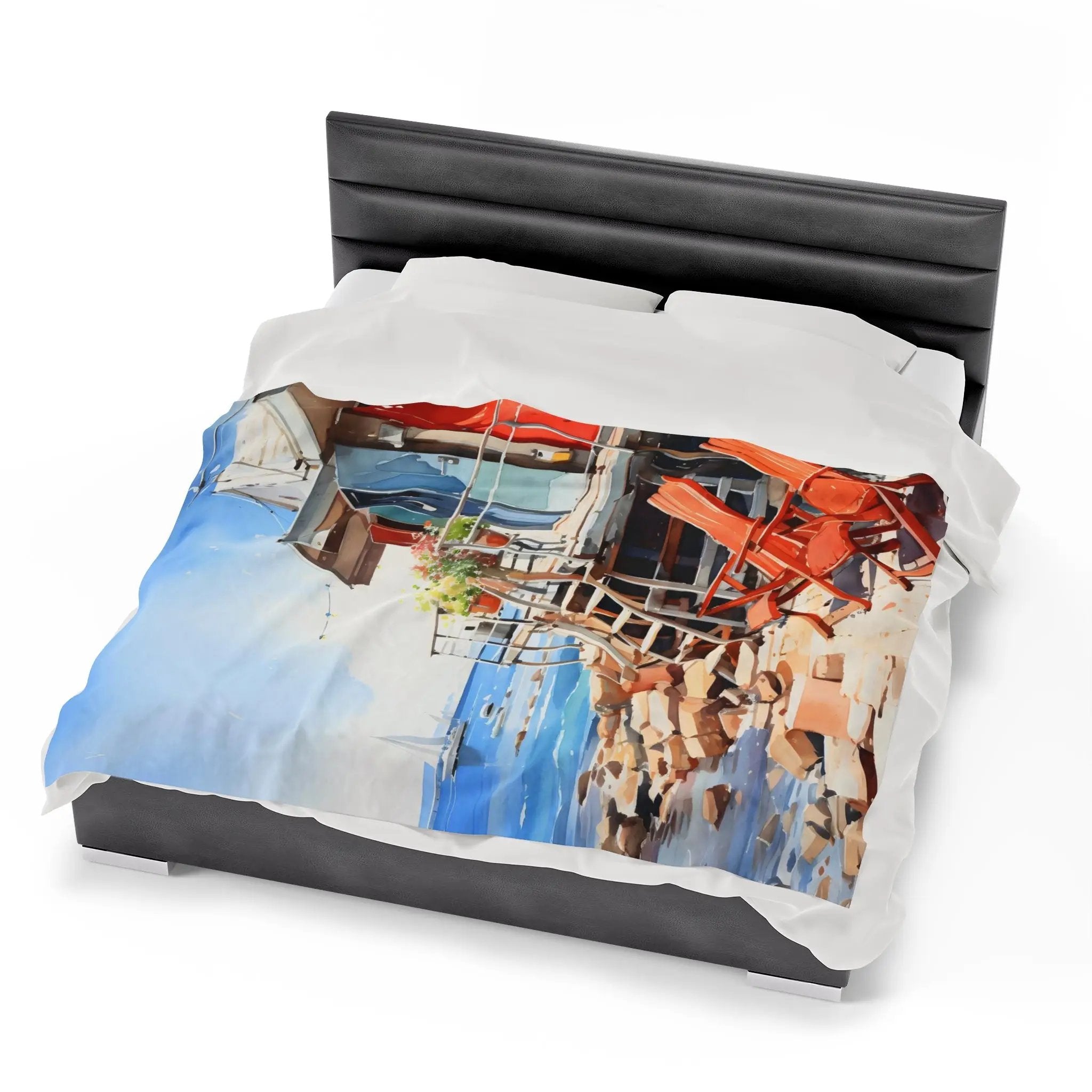 Plush Blanket | a bed with a picture of a boat on it