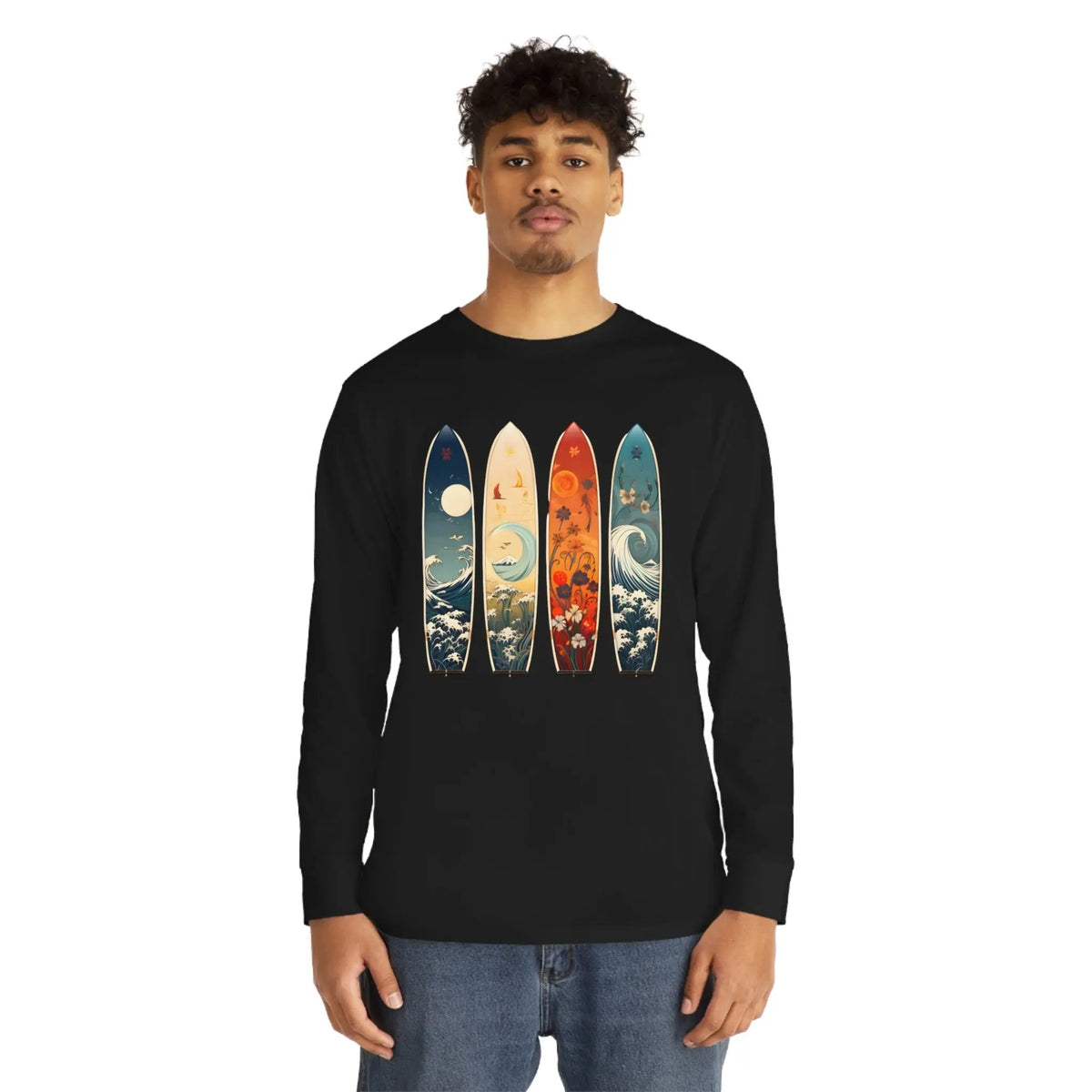 Long Sleeve t shirt | a man wearing a black shirt with four surfboards on it