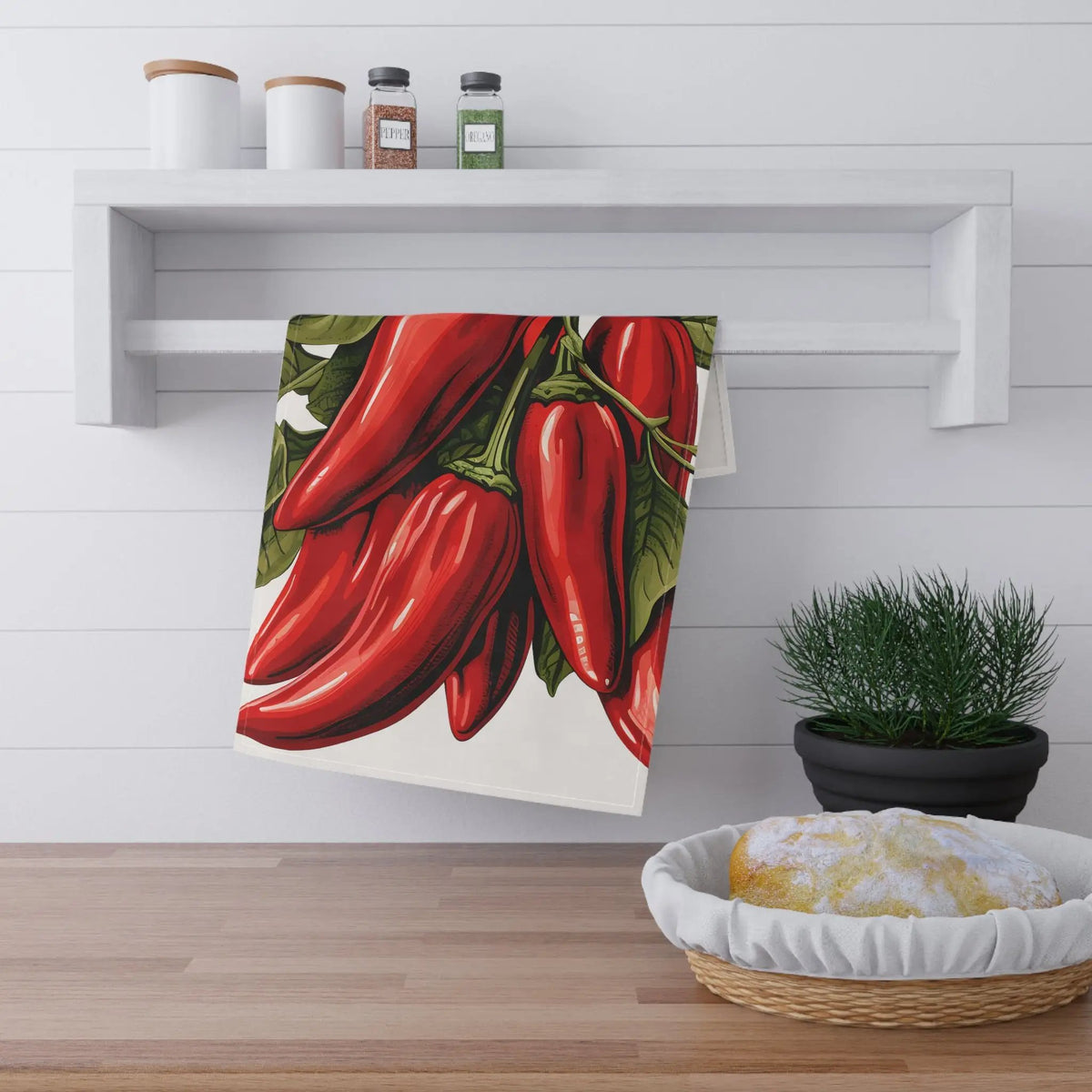 Kitchen Towel | a painting of a bunch of red peppers hanging on a wall