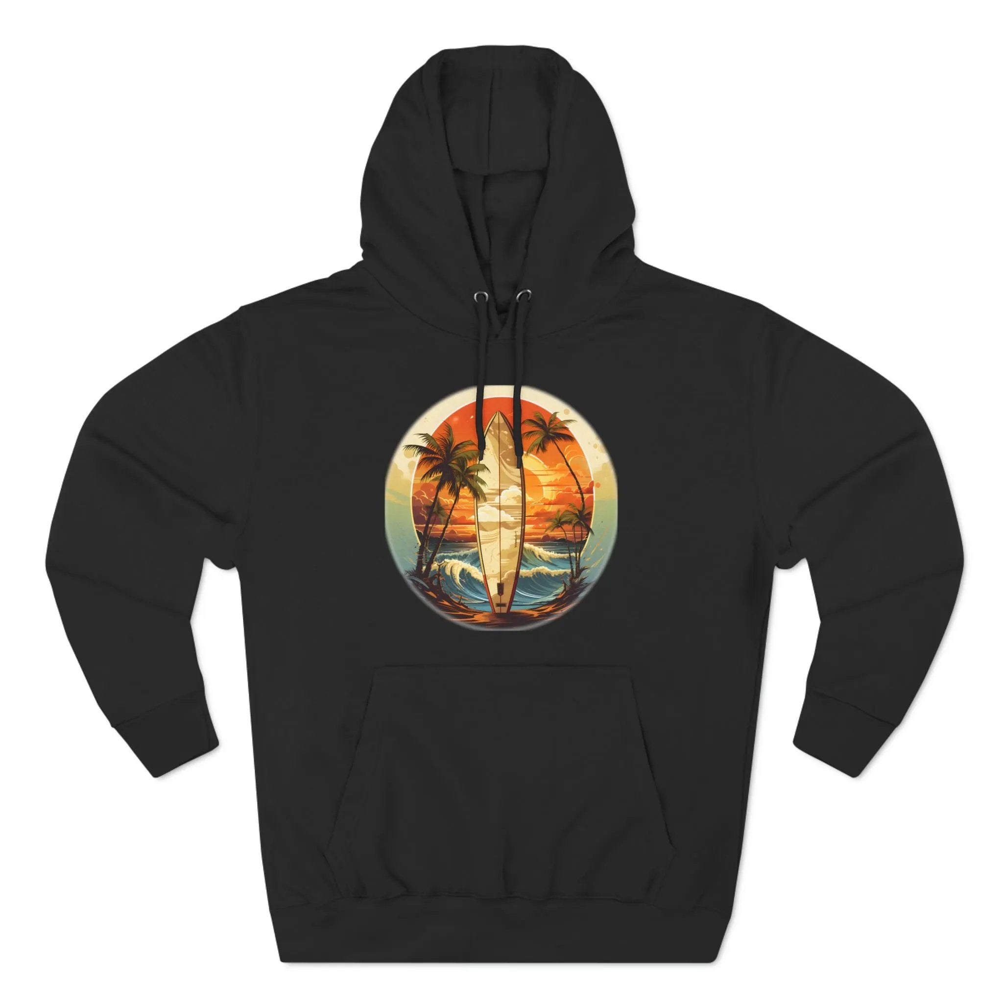 pullover hoodie | a black hoodie with a picture of a surfboard and palm trees