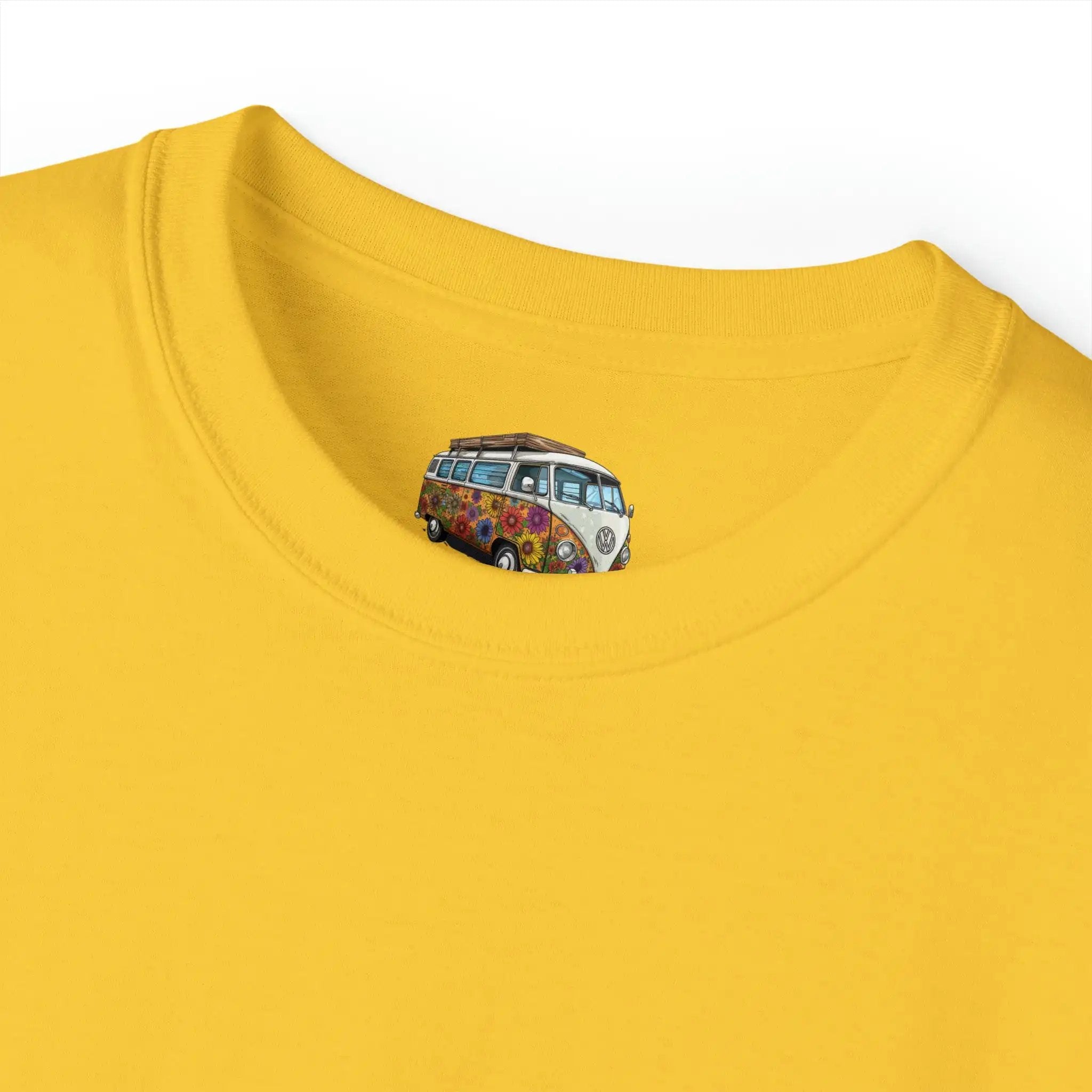 men tee graphic | a yellow shirt with a picture of a van bus