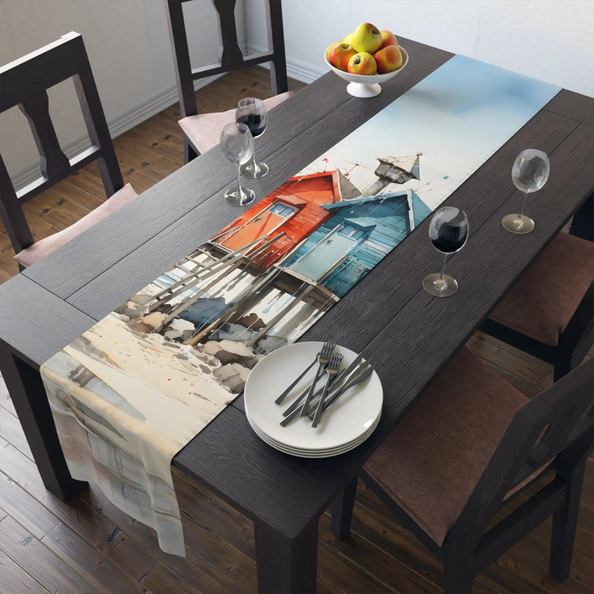 dining table Runner | a dining table with a picture of a beach hut on it