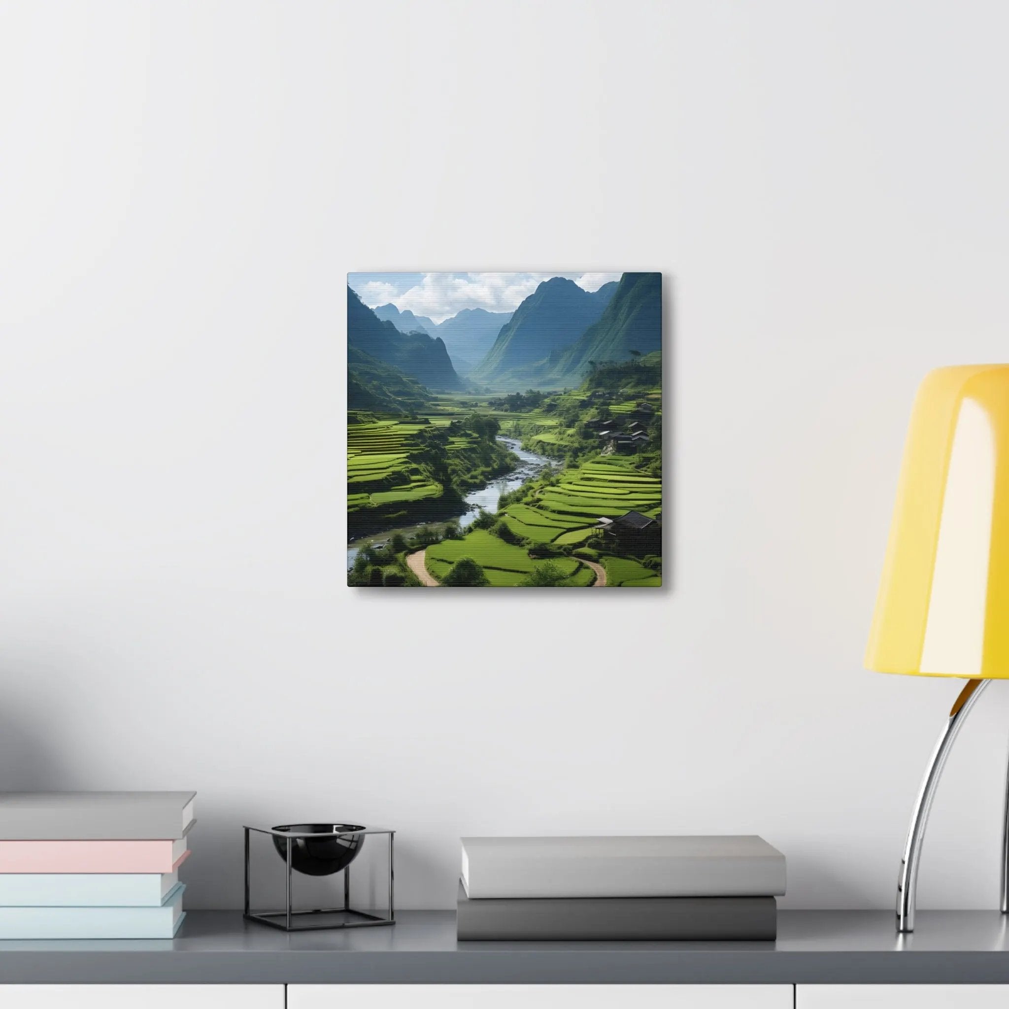 Canvas Gallery Wraps | a desk with a lamp and a painting on the wall