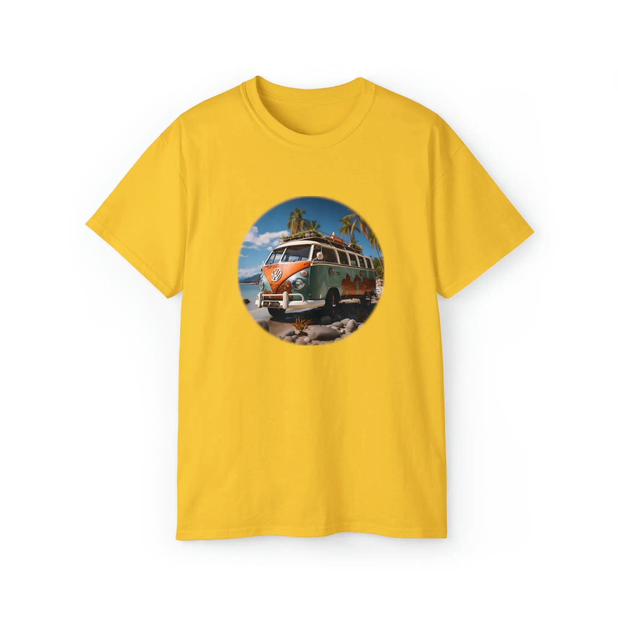 men tee graphic | a yellow t - shirt with an image of a bus