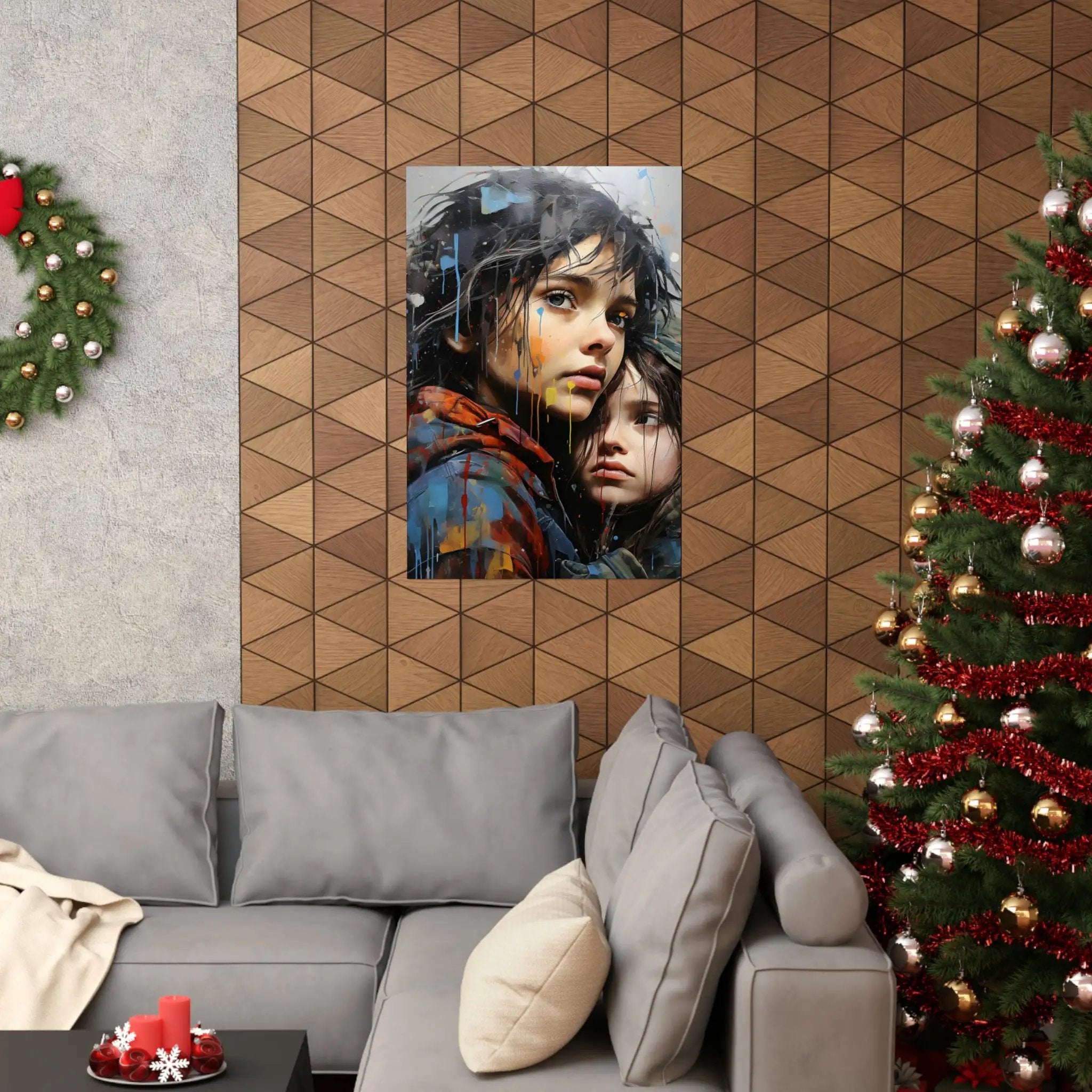 Kawaii Posters | a living room with a couch and a Christmas tree