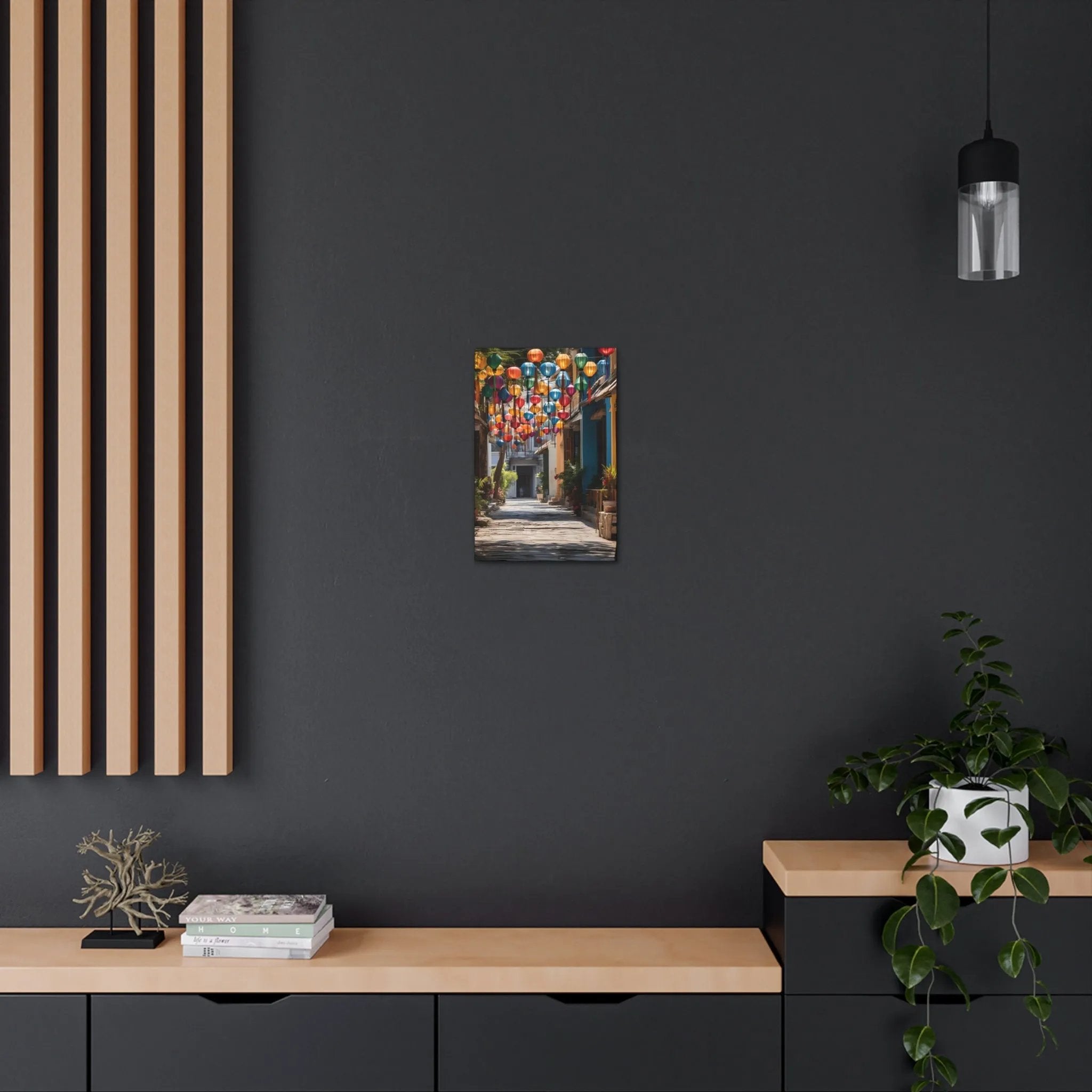 Canvas Gallery Wraps | a room with a shelf and a painting on the wall