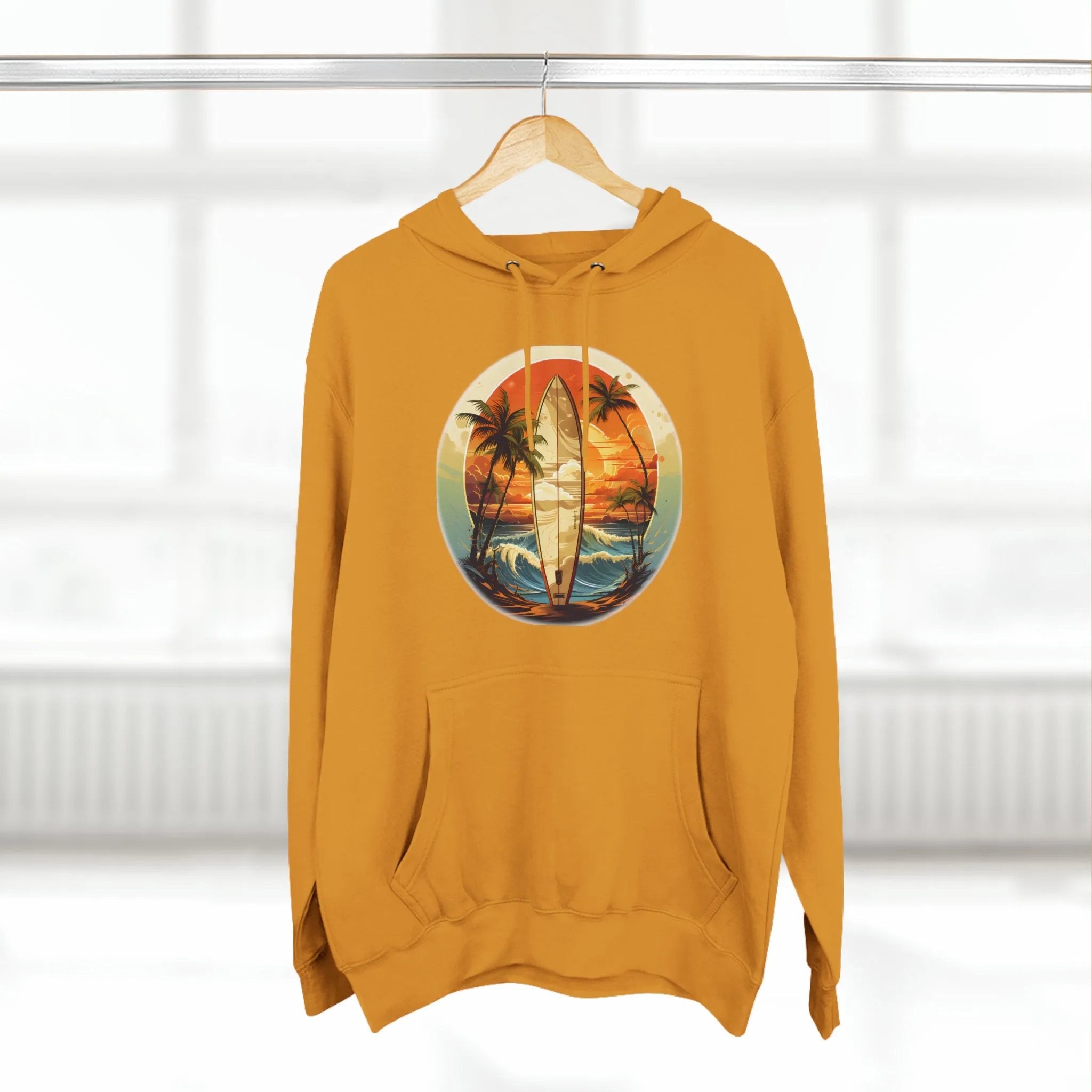 pullover hoodie | a yellow sweatshirt with a picture of a surfboard on it