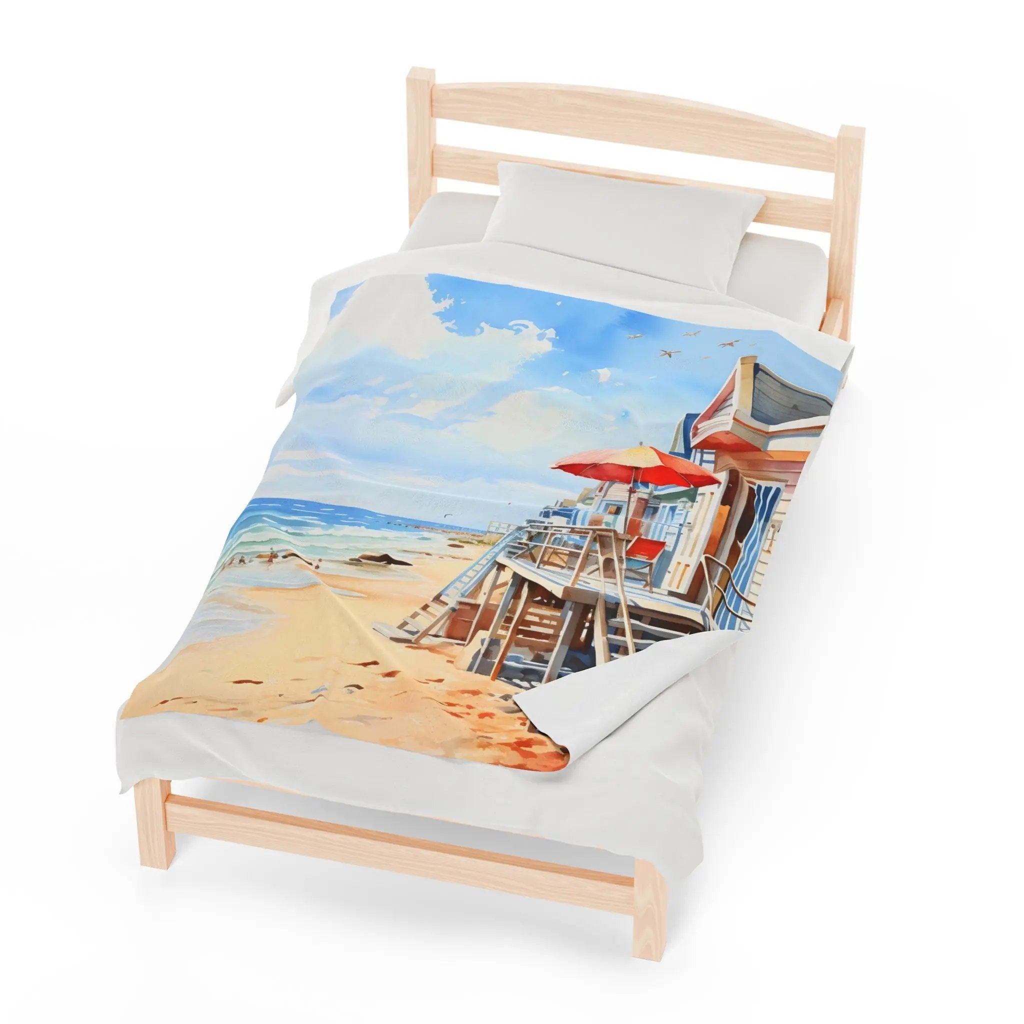 bedroom Blanket | a bed with a painting of a lifeguard station on it