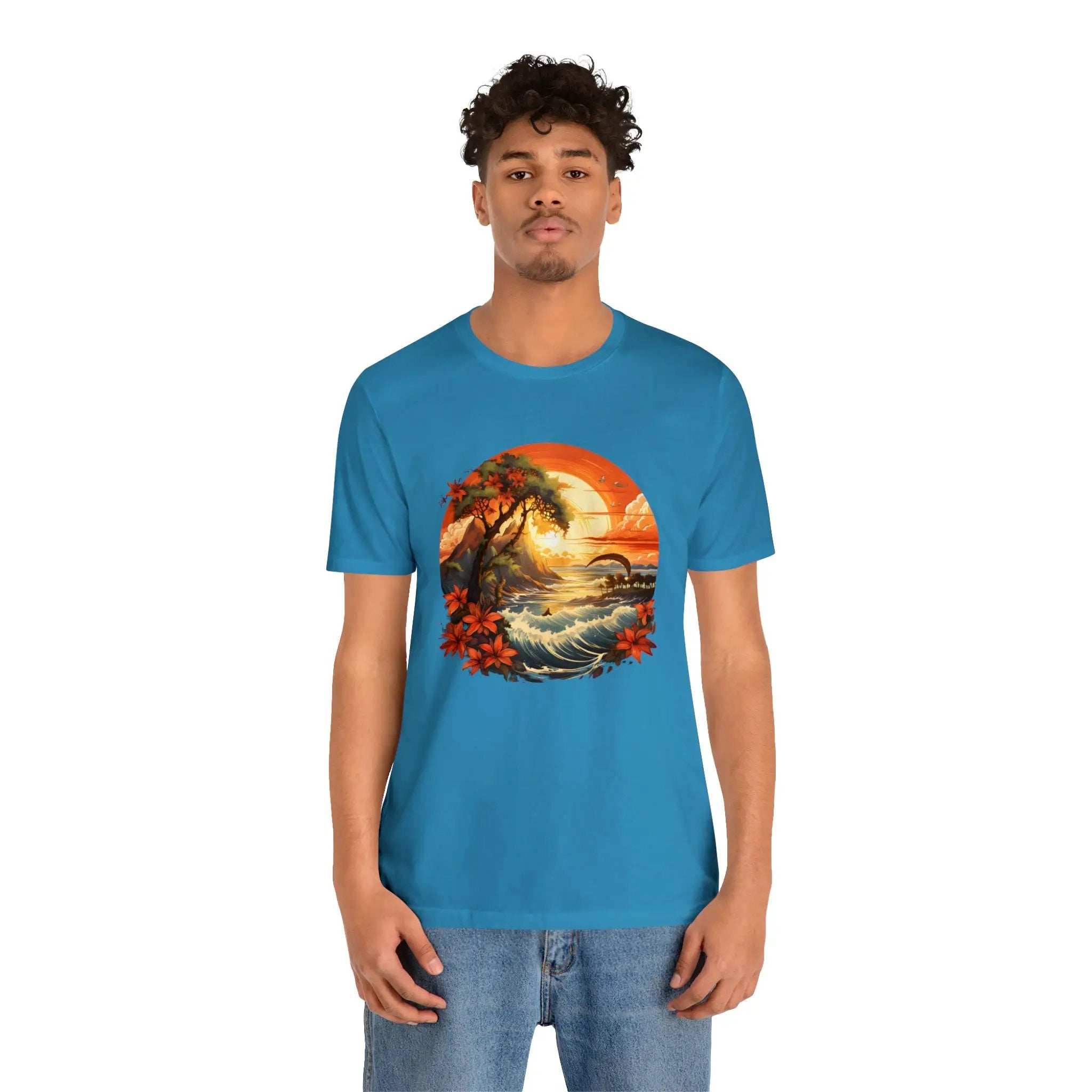 Couple t shirt | a man wearing a blue t - shirt with a painting of a palm tree and