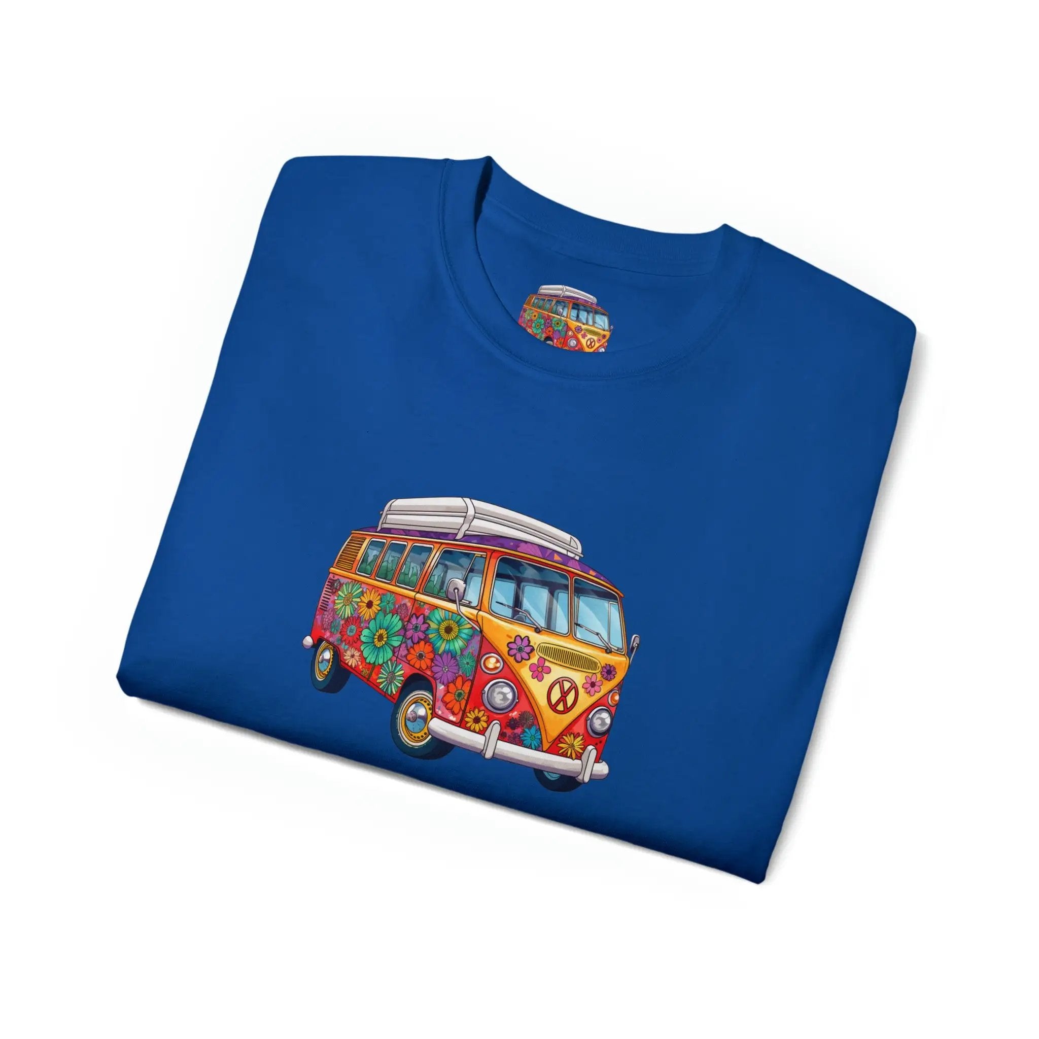 men tee graphic | a blue t - shirt with a van bus painted on it