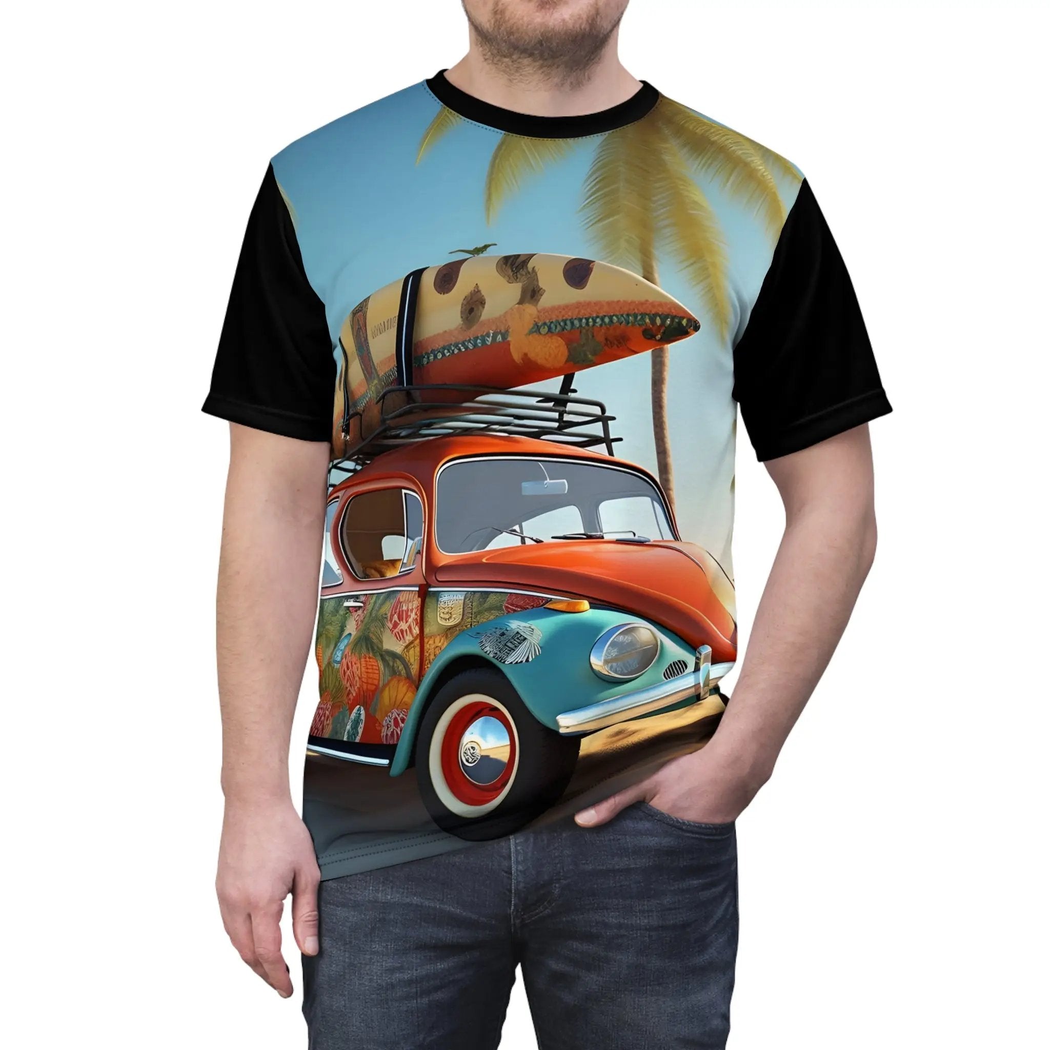 vintage shirt | a man wearing a t - shirt with a surfboard on top of his car