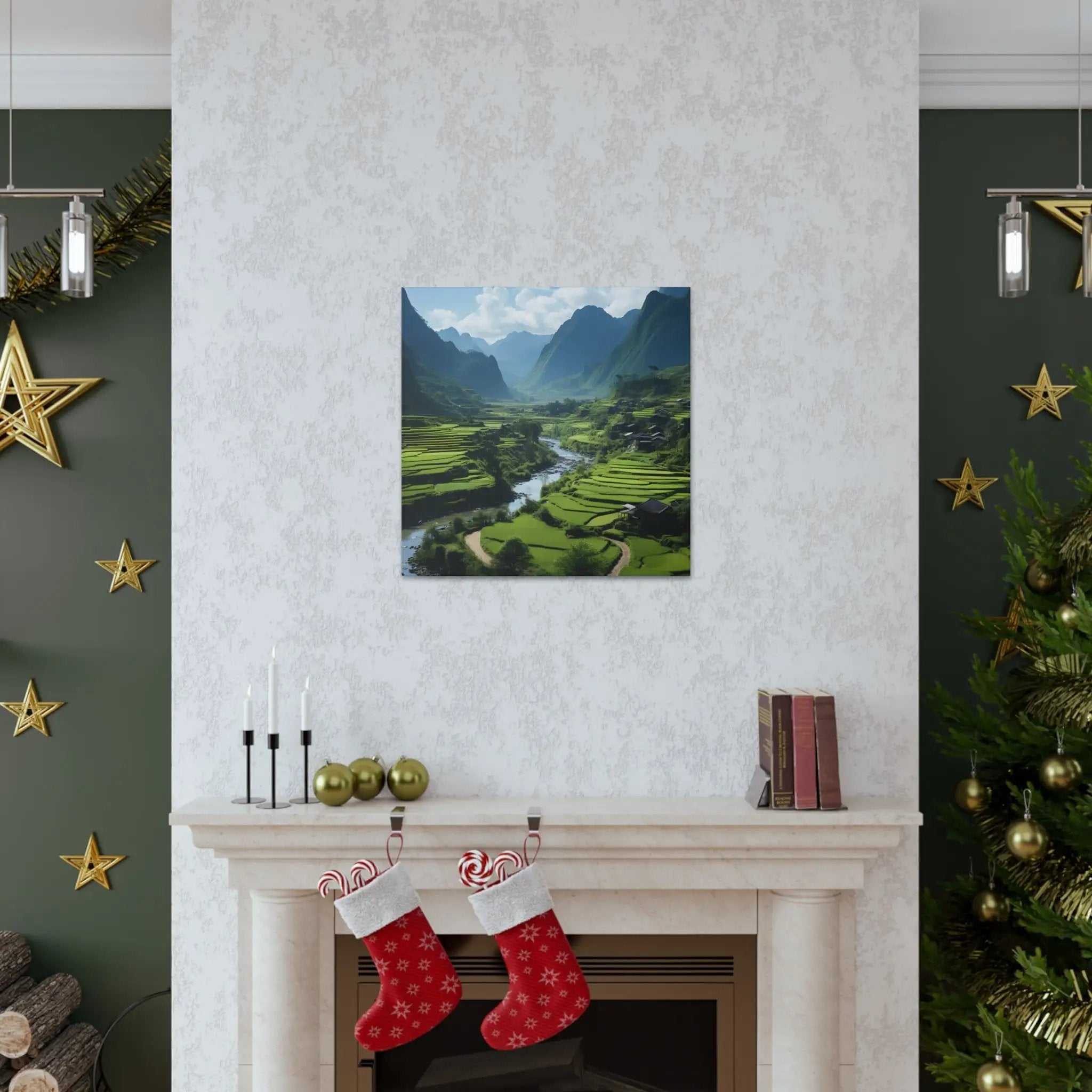 Canvas Gallery Wraps | a living room with a fire place and a Christmas tree