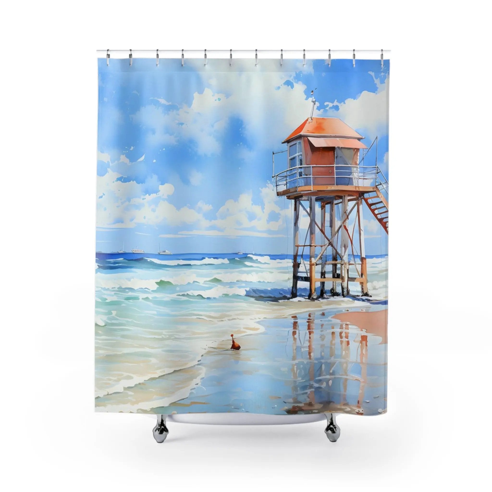 shower curtain rod | a shower curtain with a painting of a lifeguard tower