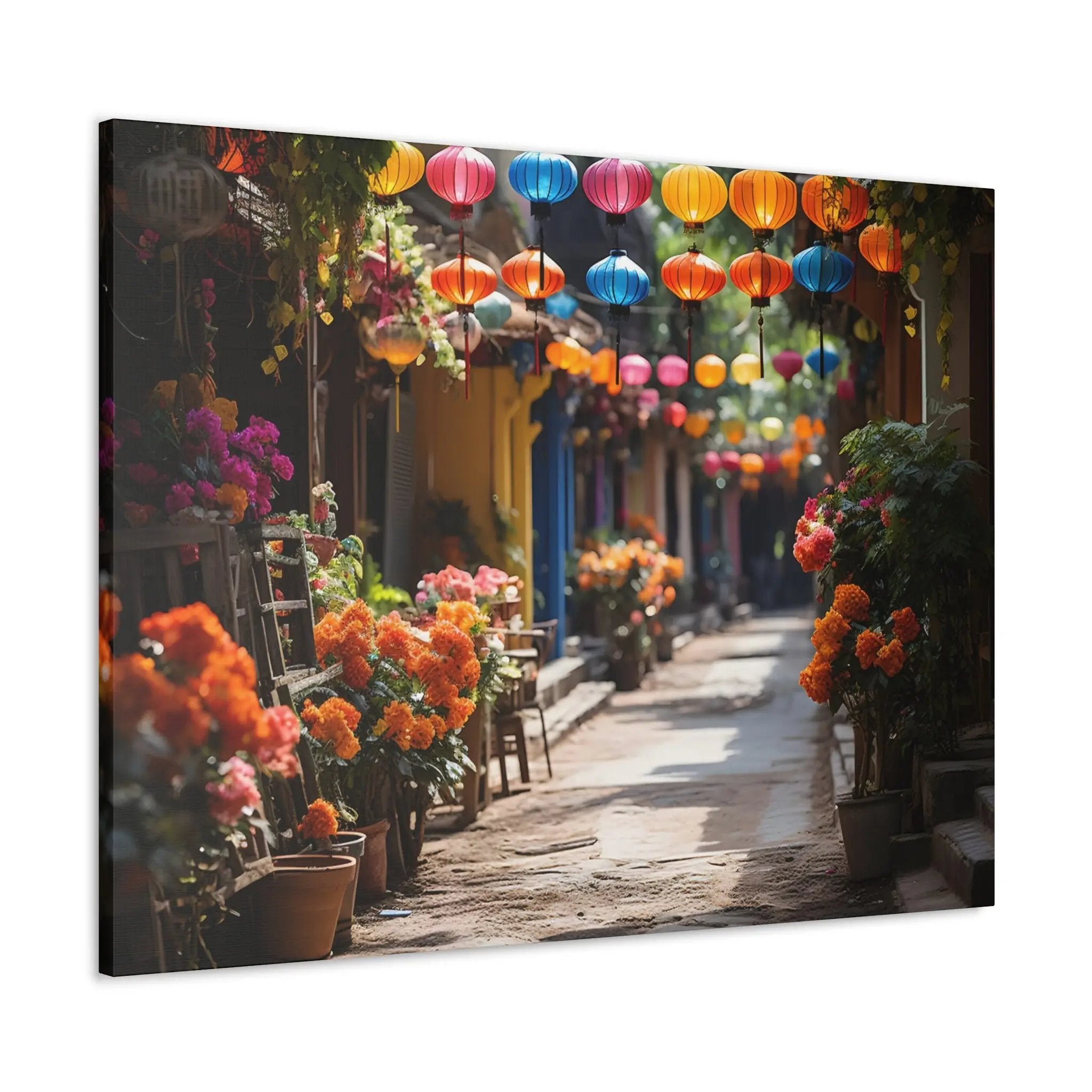 Canvas Gallery Wraps | a street lined with potted plants and hanging lanterns