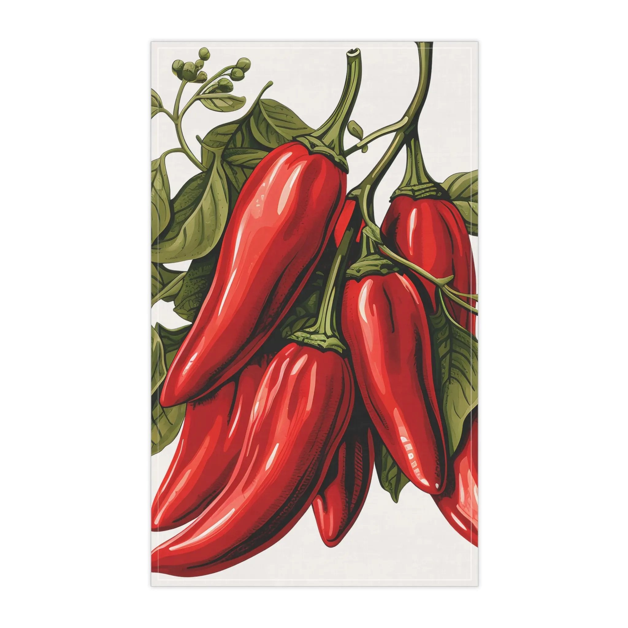 Kitchen Towel | a painting of red peppers on a branch