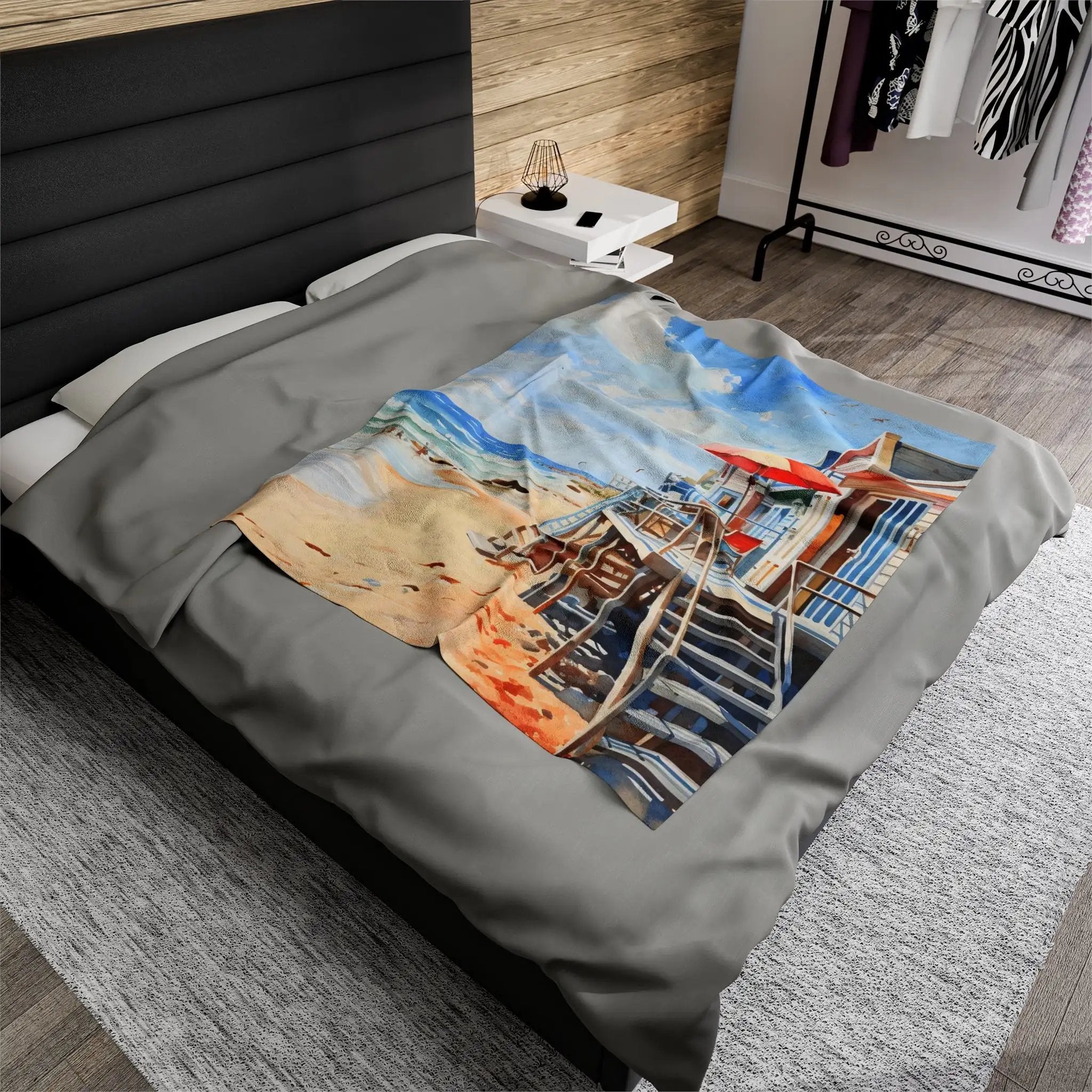 bedroom Blanket | a bed with a picture of a lifeguard tower on it