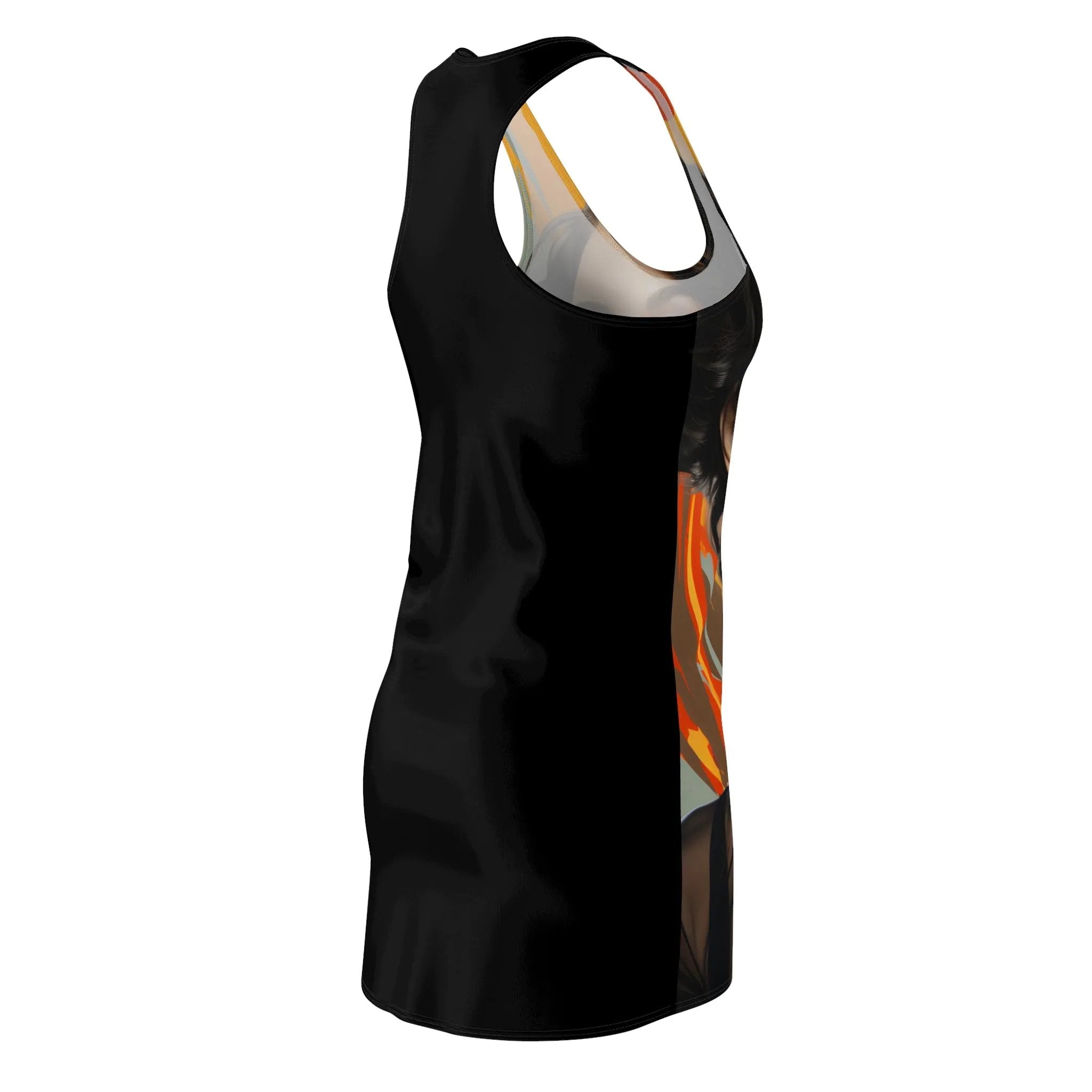 Woman summer dress | a women's black tank top with an orange and white design